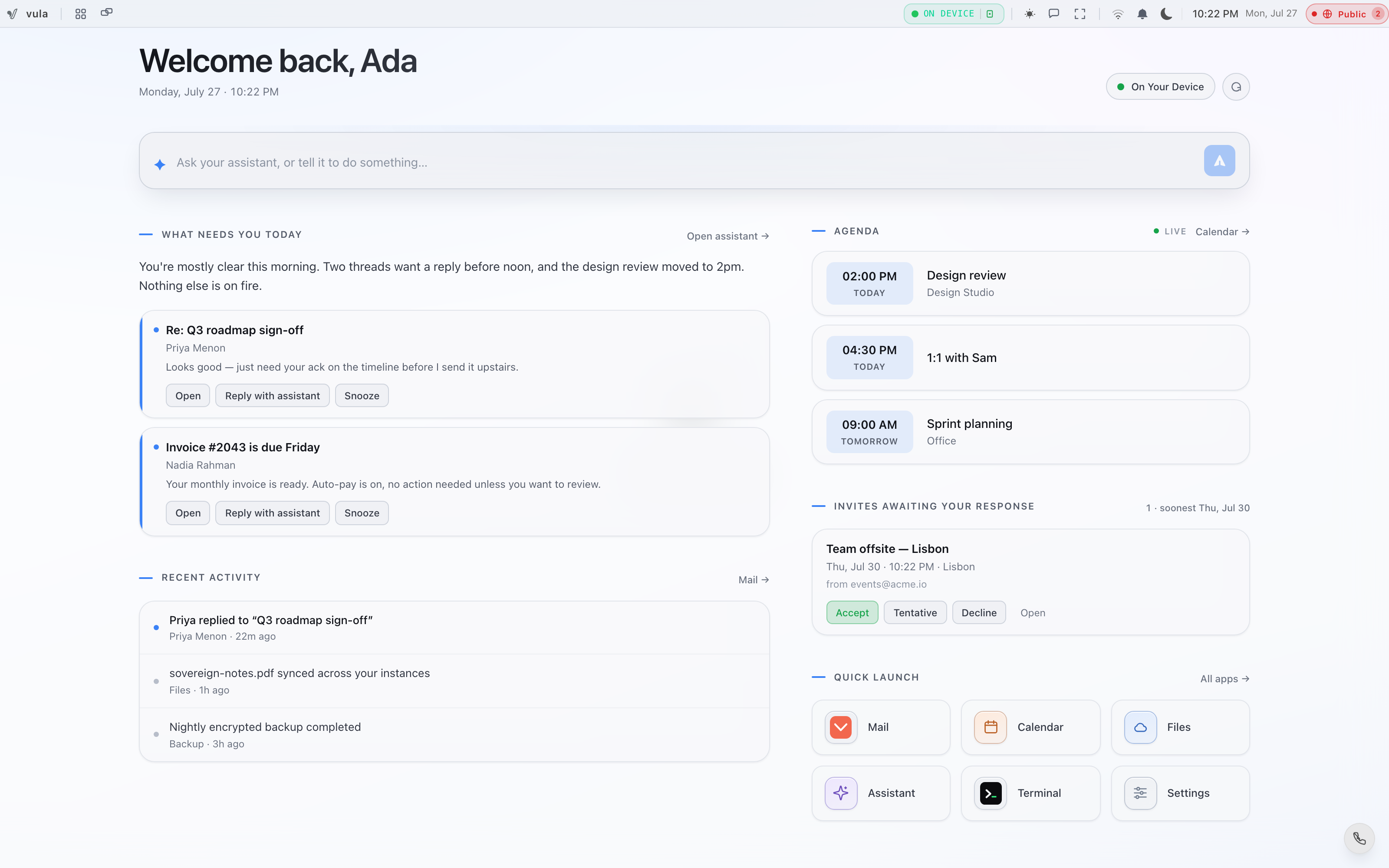 The Vulos desktop shell running in a browser