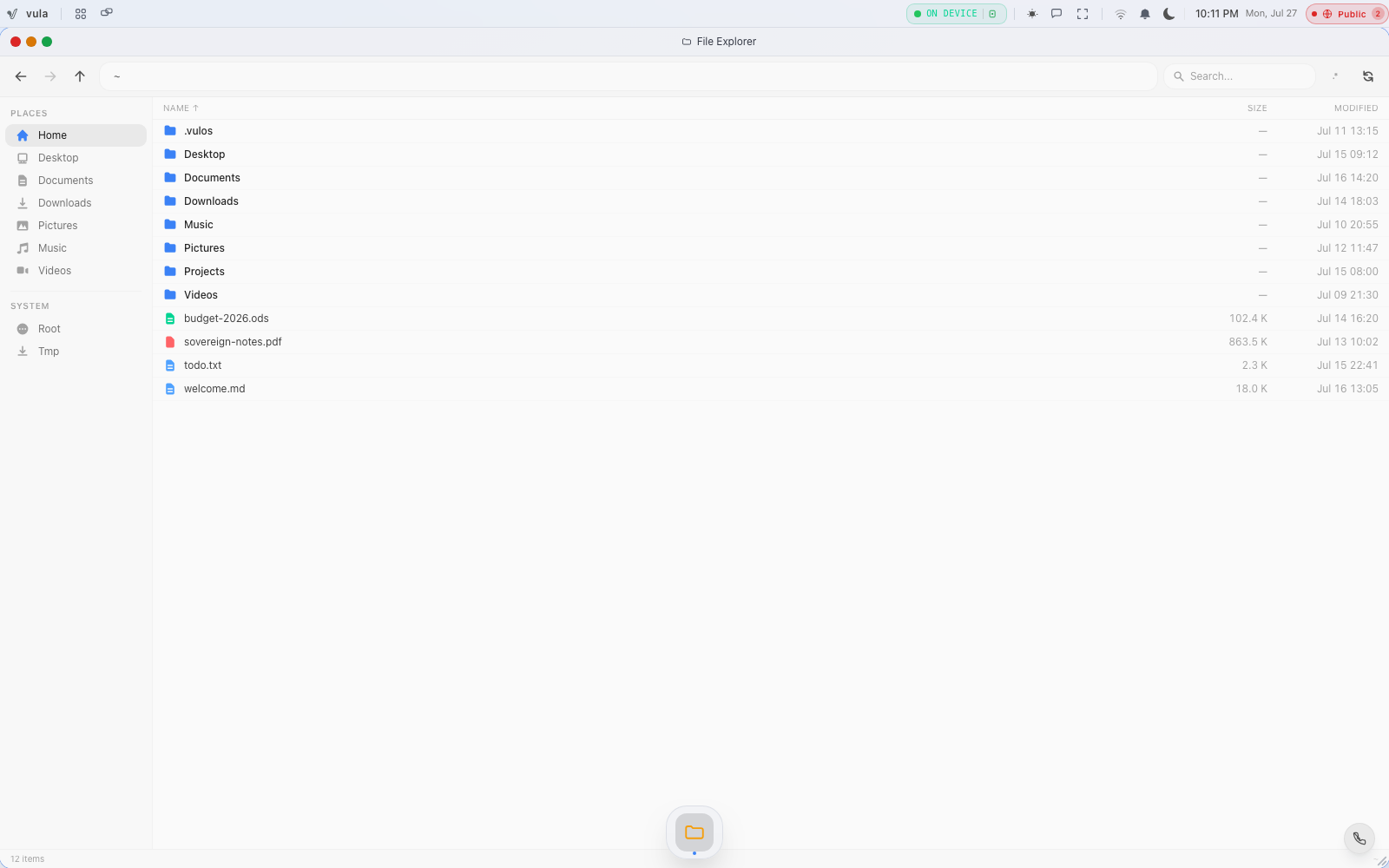 The Files / File Explorer app on a Vulos instance