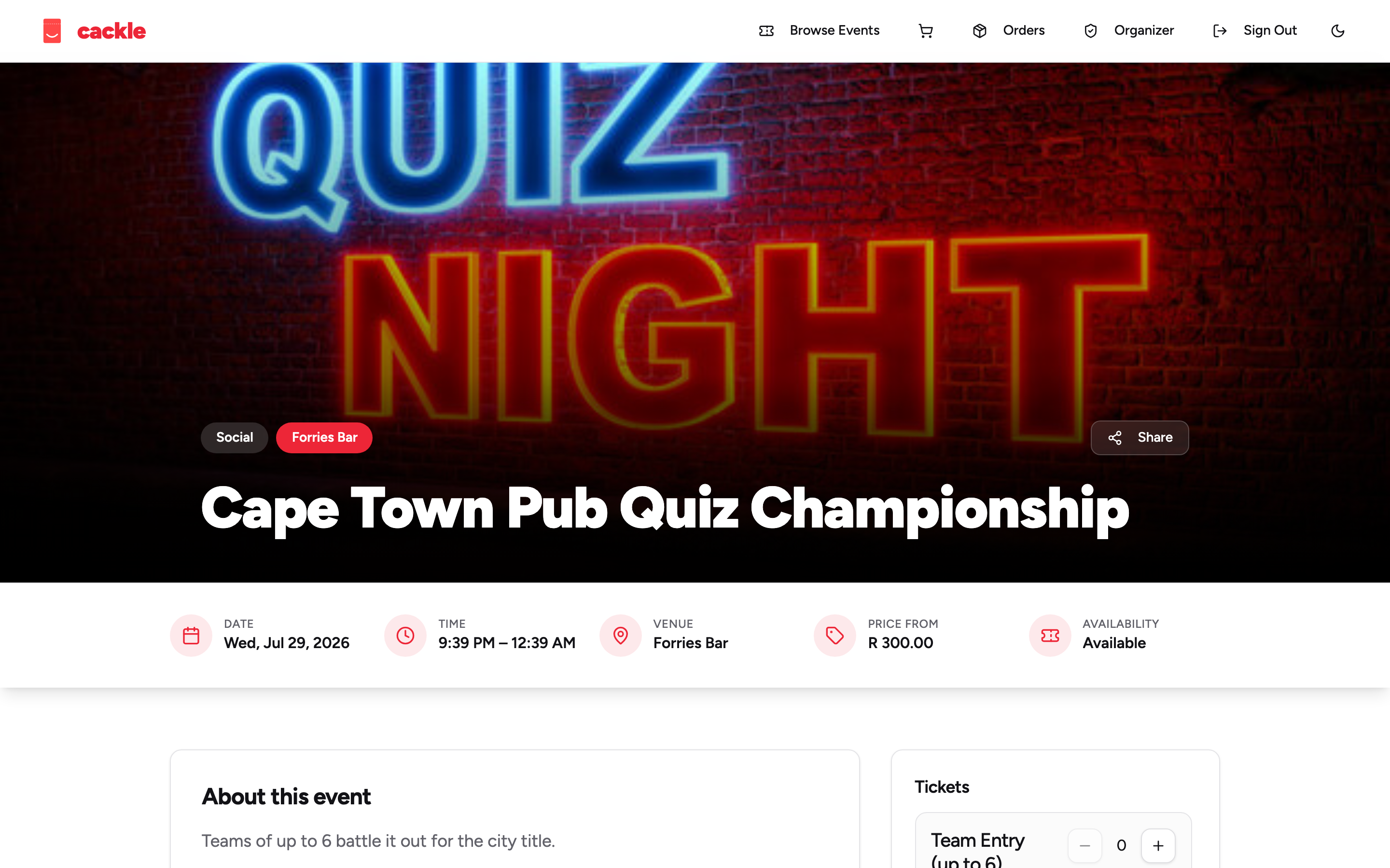 Cackle public event page with ticket types