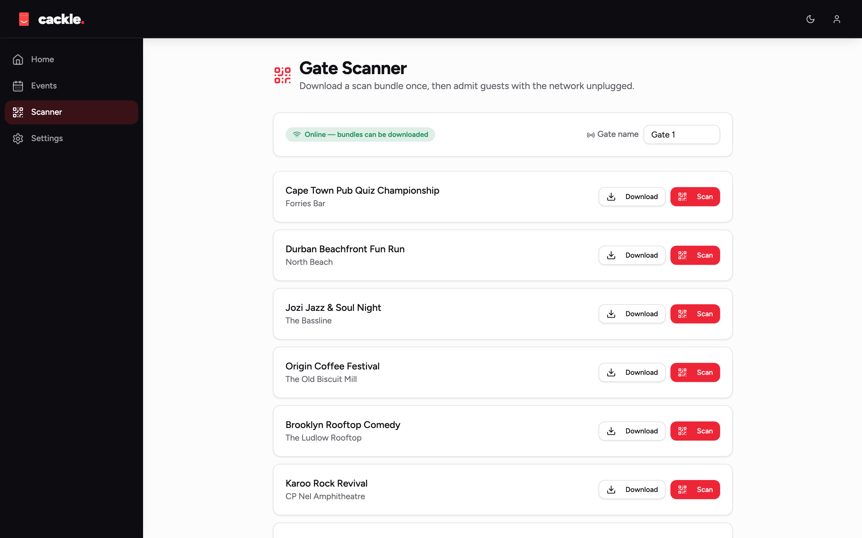 Cackle — event dashboard and offline gate scanner