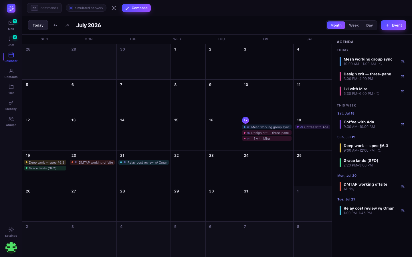 Envoir Calendar — month view, dark theme