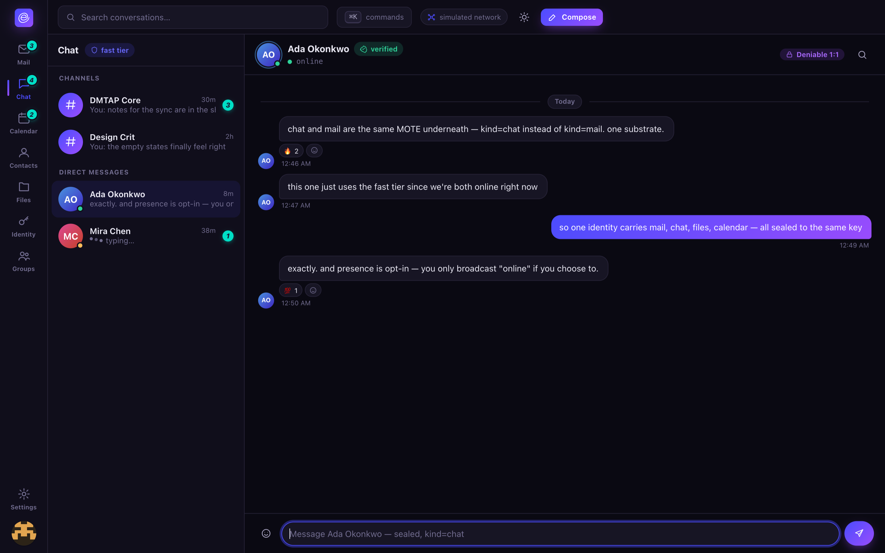 Envoir Chat — Deniable 1:1 badge, dark theme