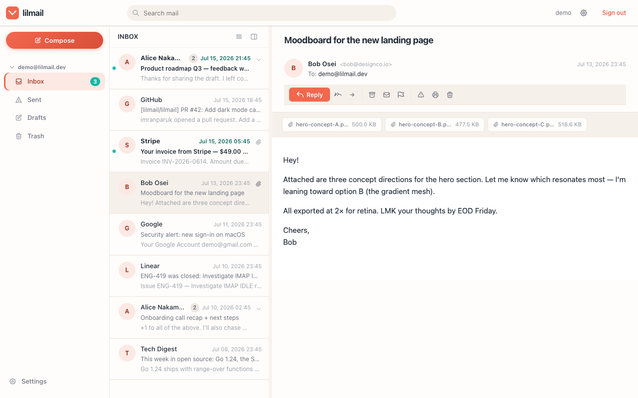 lilmail message viewer — an open message in the reading pane