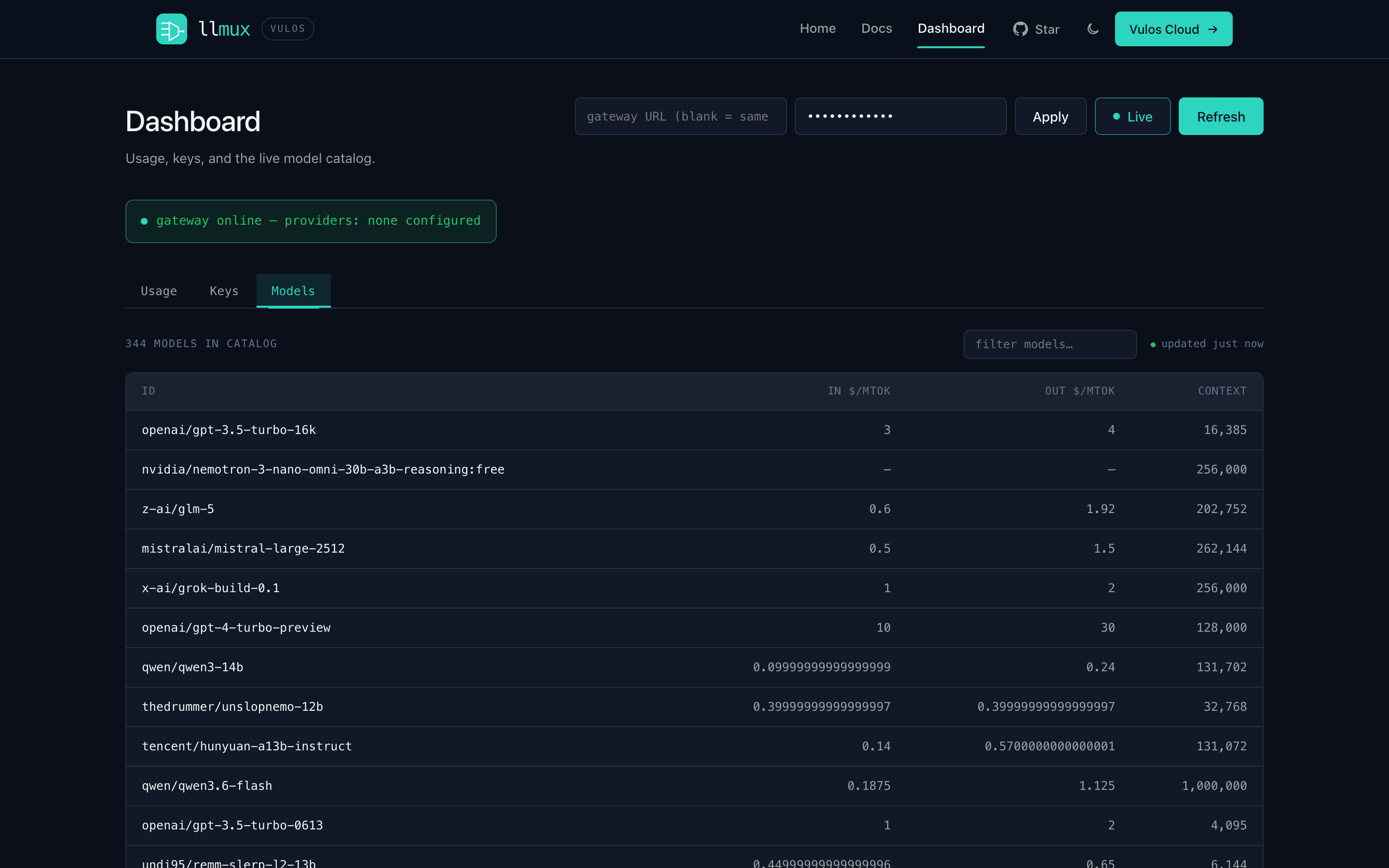 llmux dashboard — the live model catalog with pricing and context windows