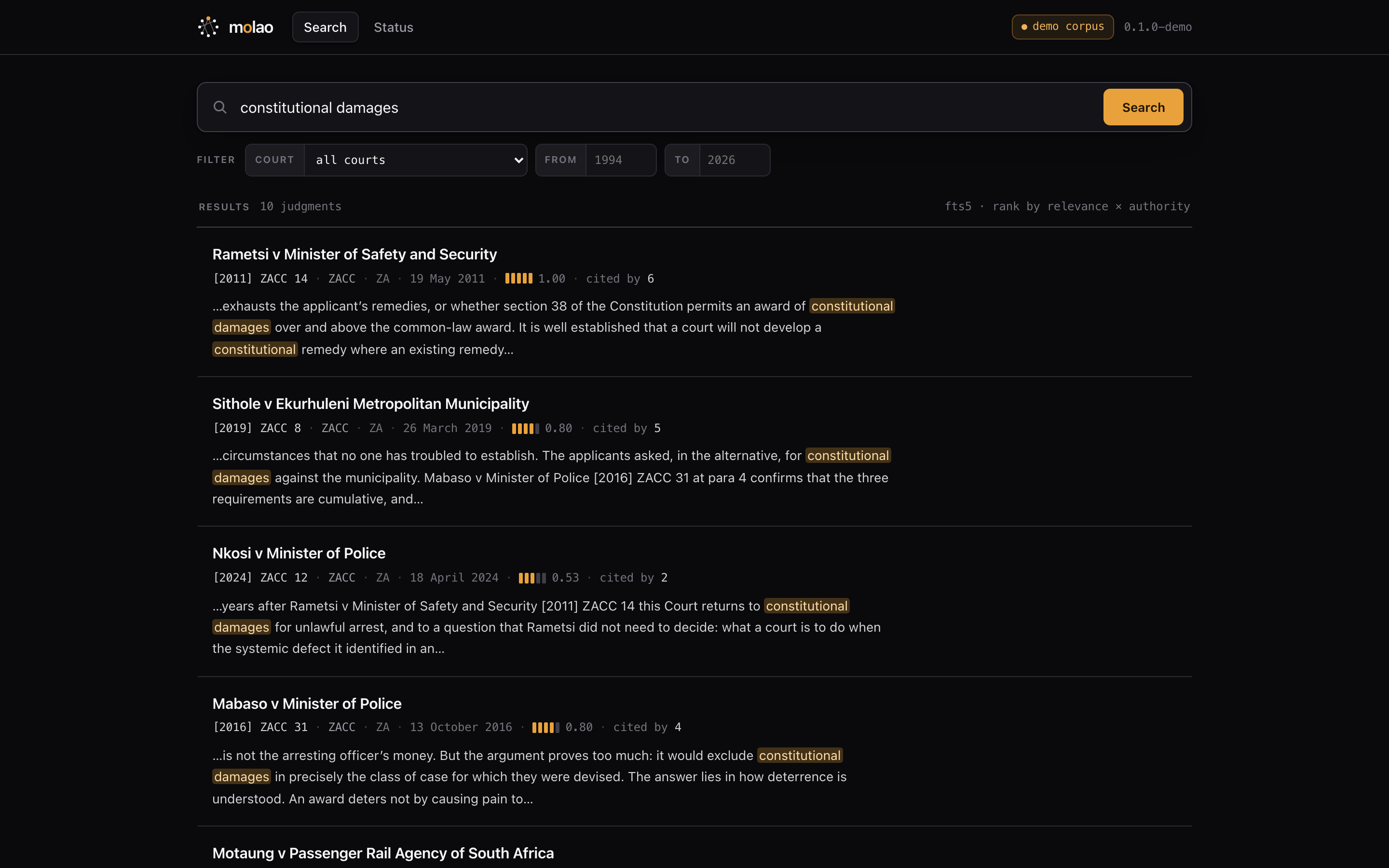 Molao search results across the corpus, each row showing court, neutral citation, provenance class and inbound-citation authority weight