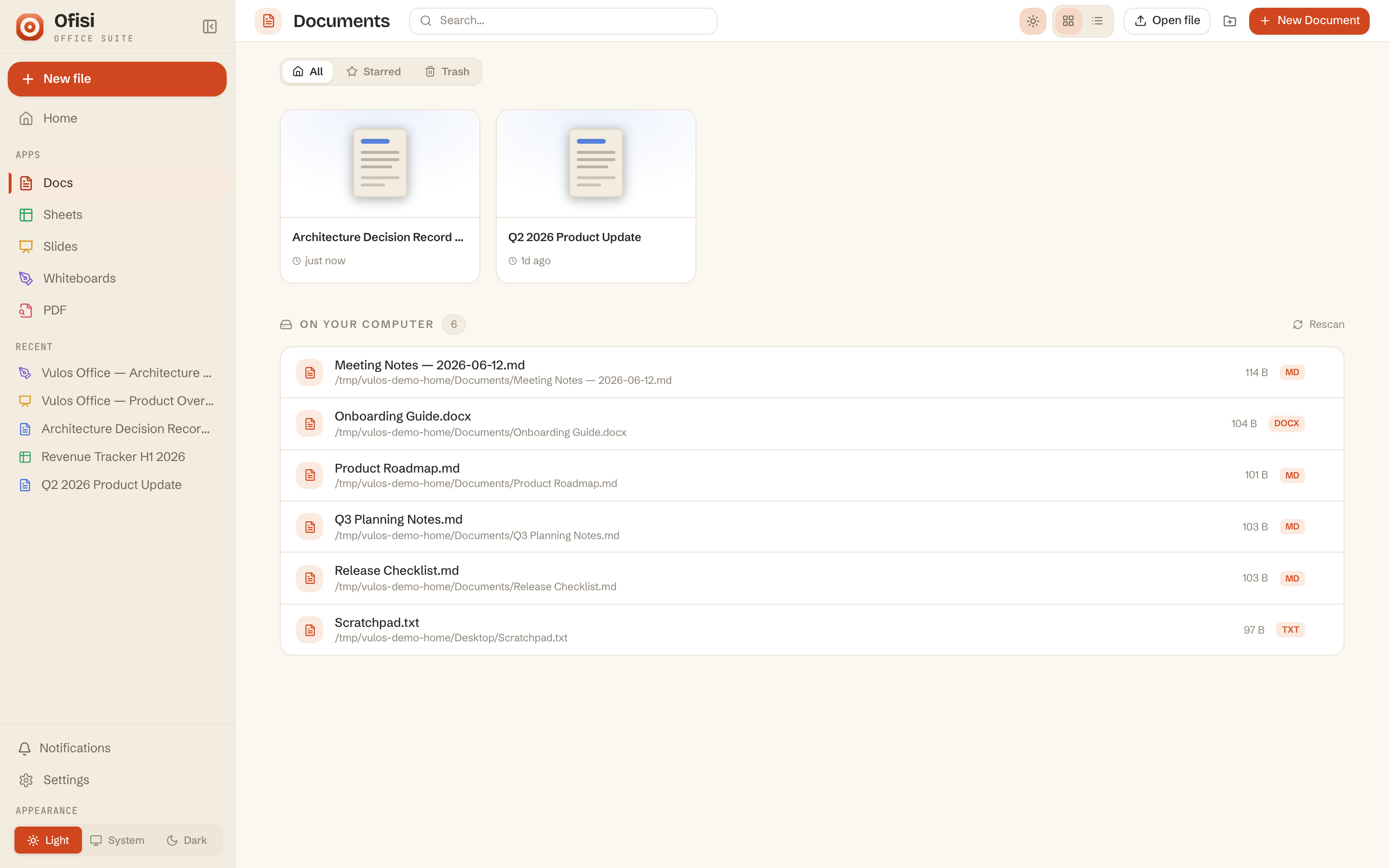The Ofisi file browser with the New menu open across every surface