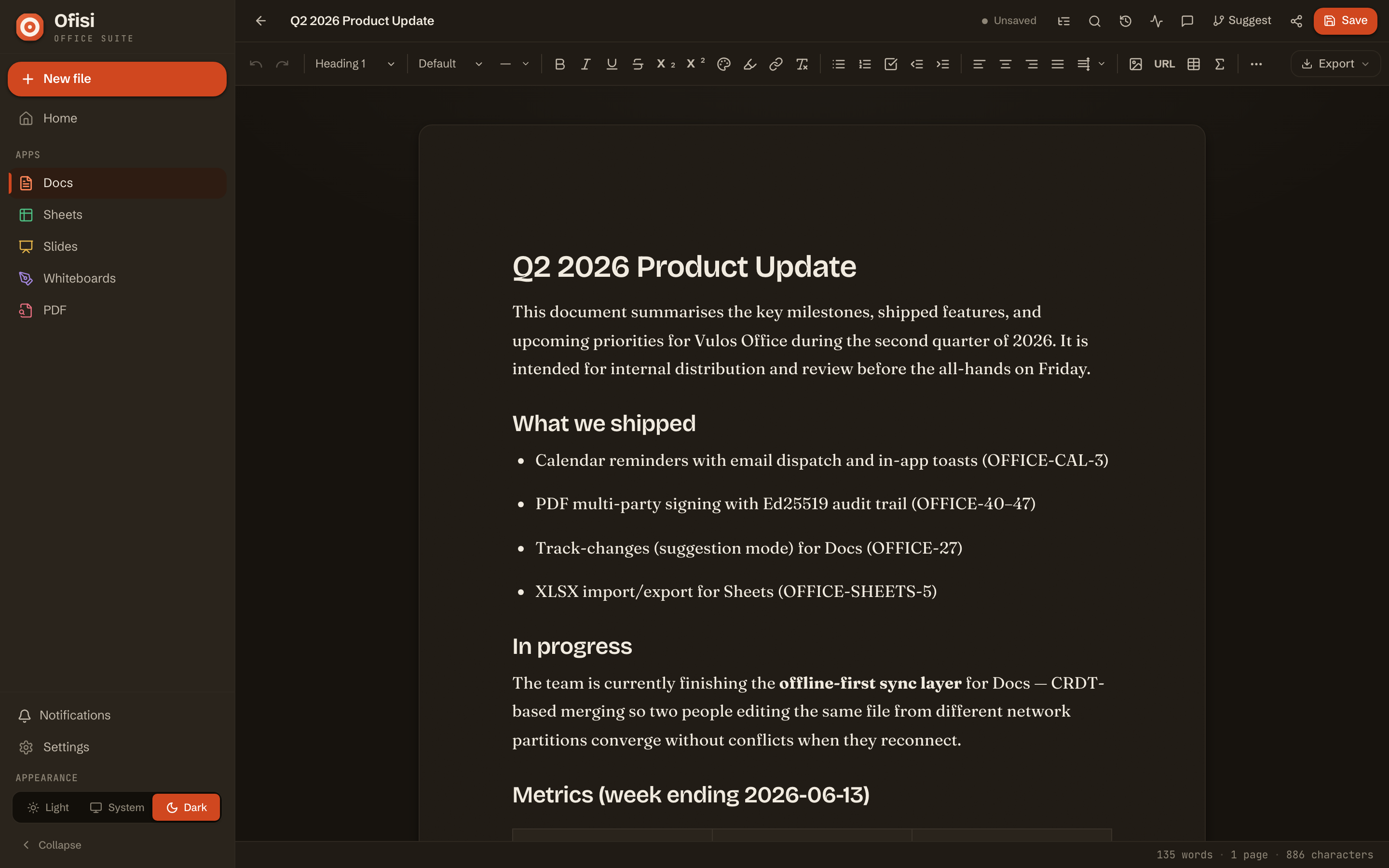 The Ofisi Docs editor with a formatted document
