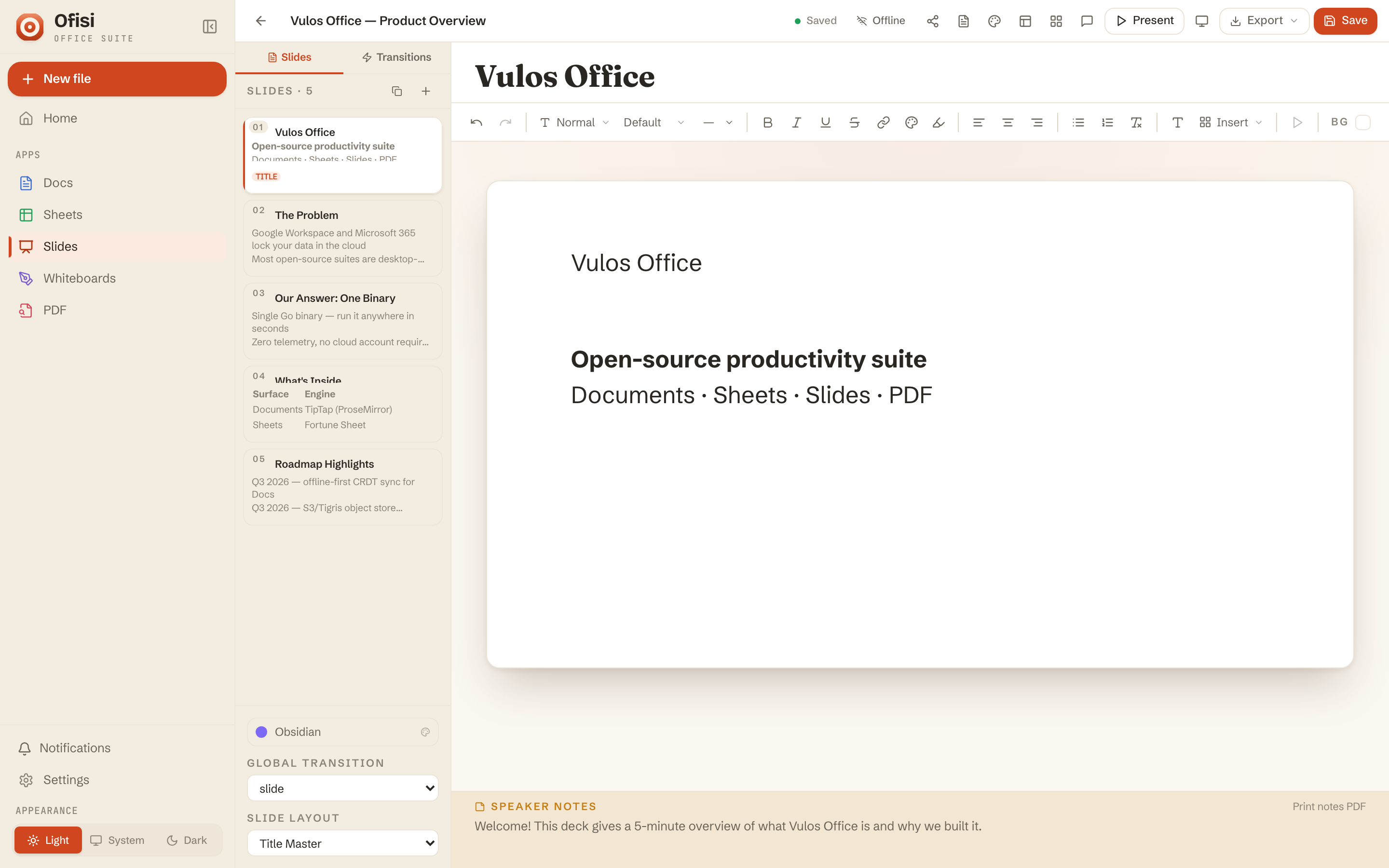 The Ofisi Slides editor with a presentation deck