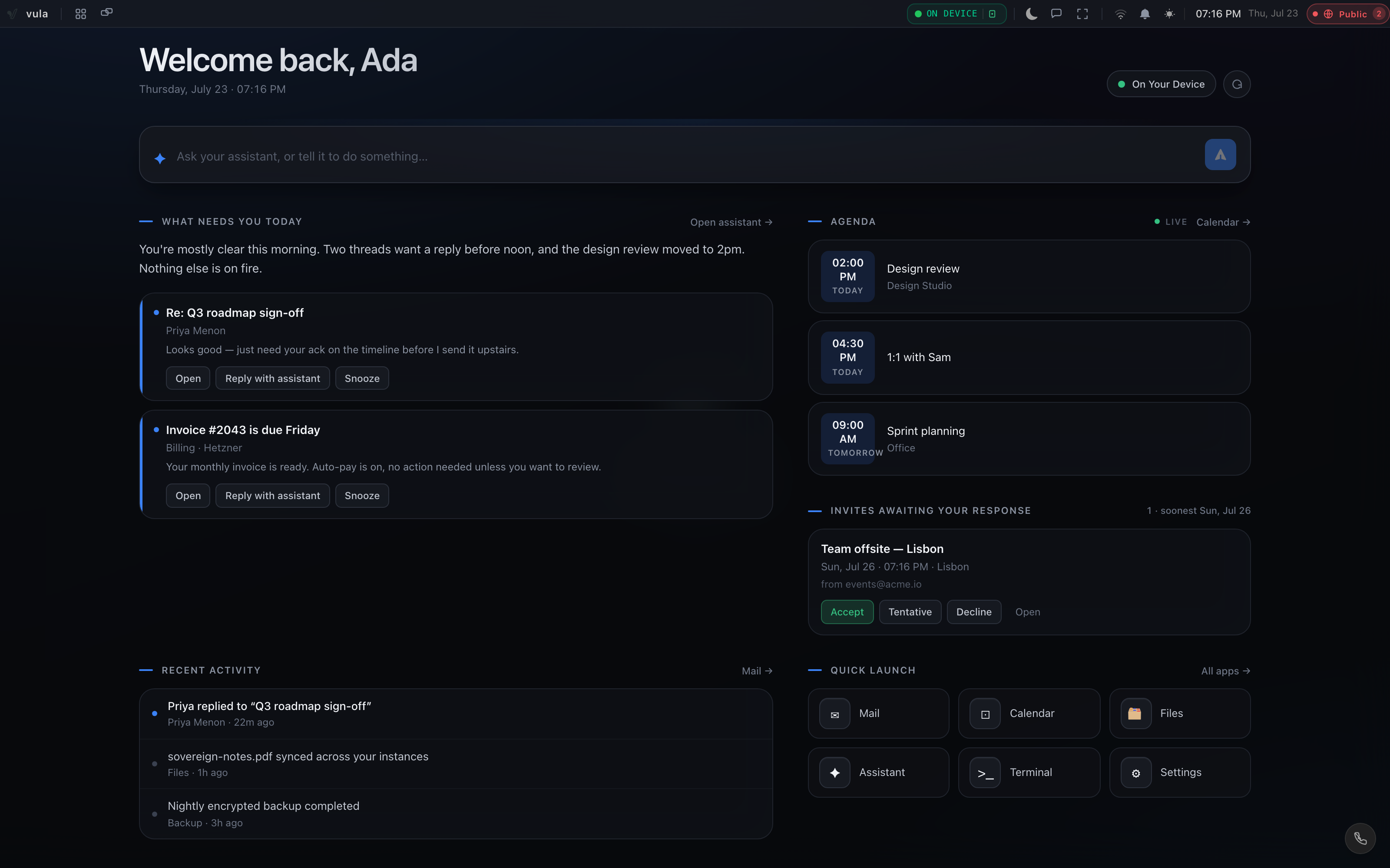 Vulos OS — a web-native desktop with a briefing, an assistant composer, a live agenda and pending invites