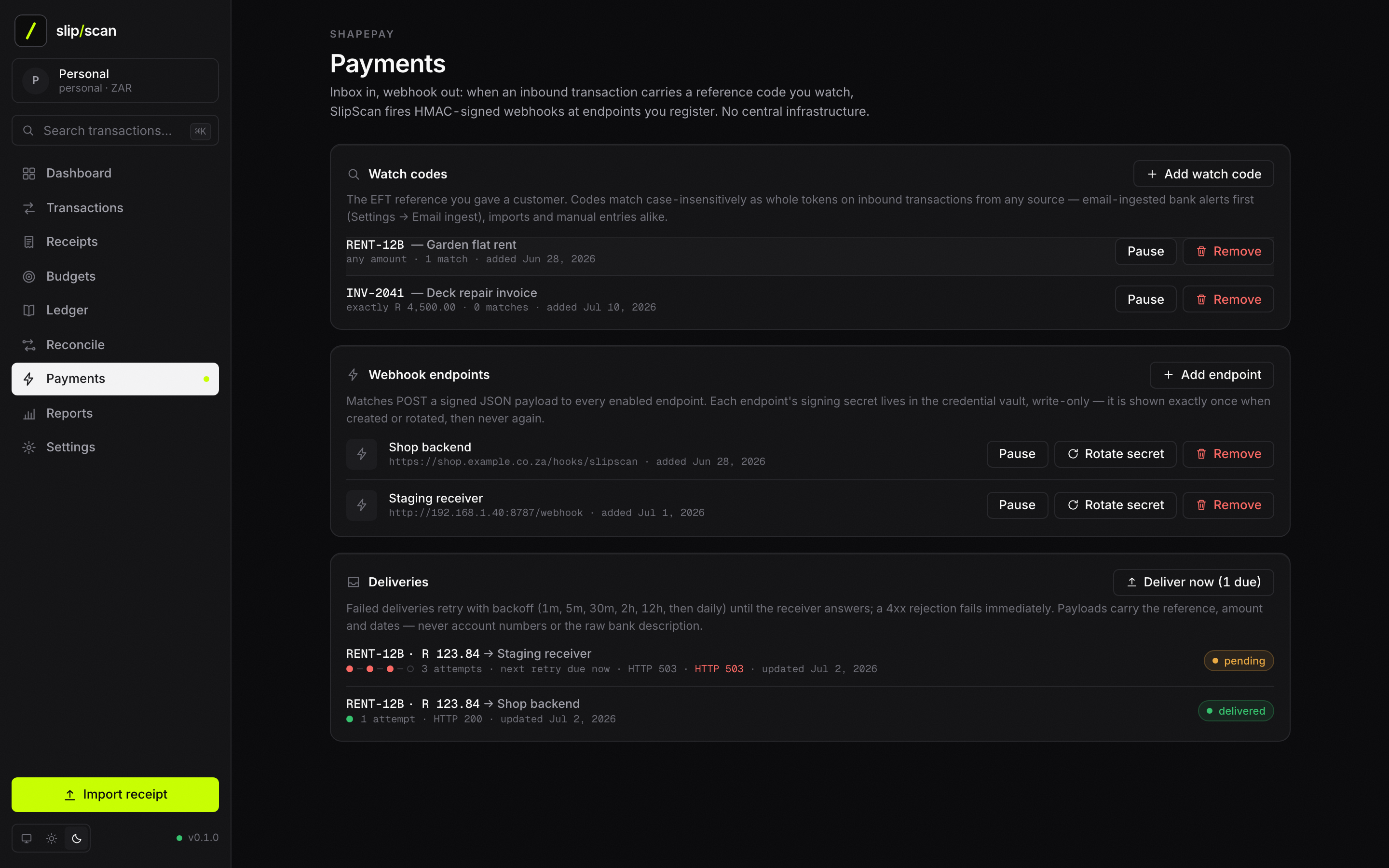 SlipScan Payments — ShapePay watch codes, webhook endpoints with rotate-once secrets, and the signed-delivery queue