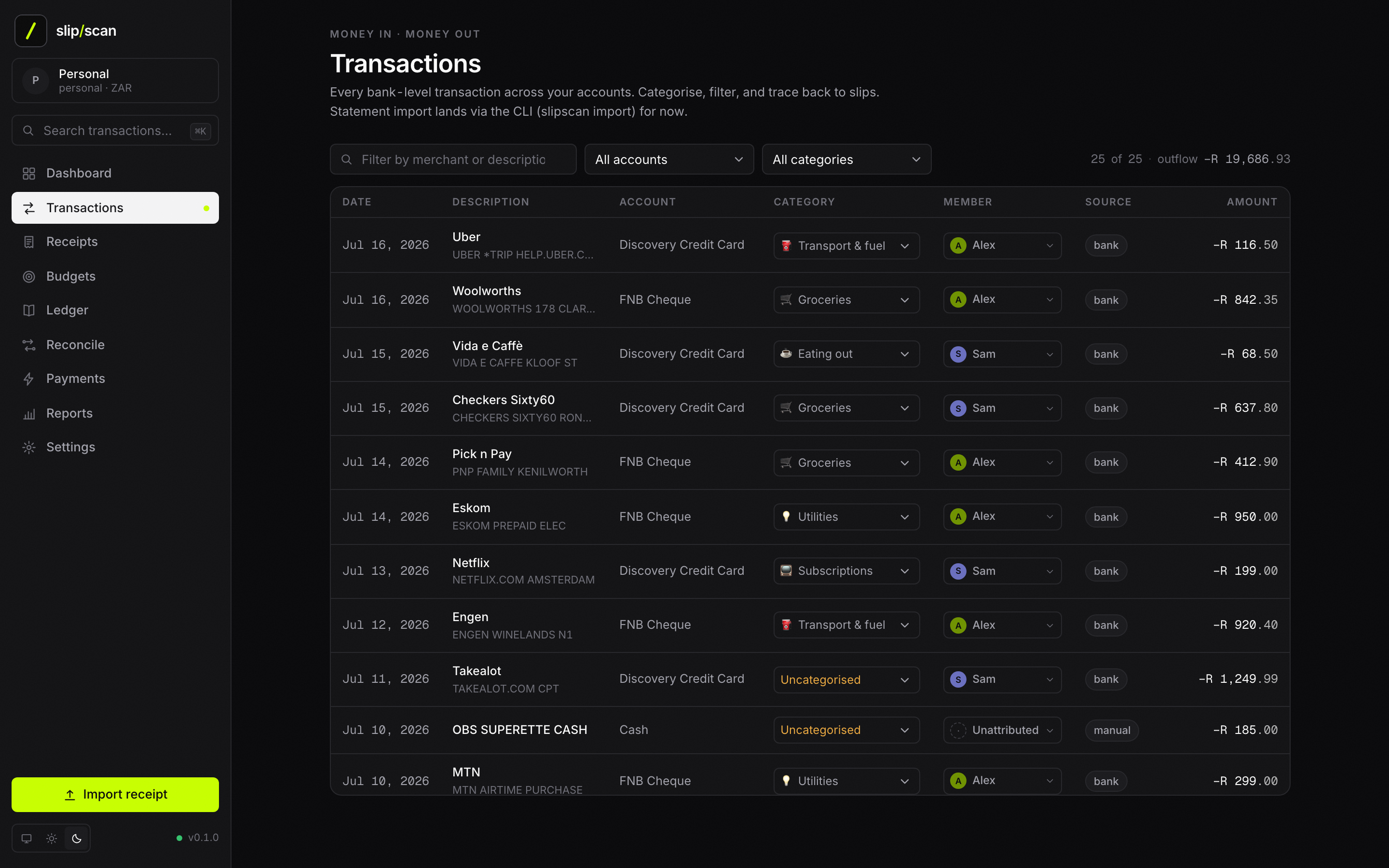 SlipScan Transactions — inline categorisation and per-person attribution for households sharing a book