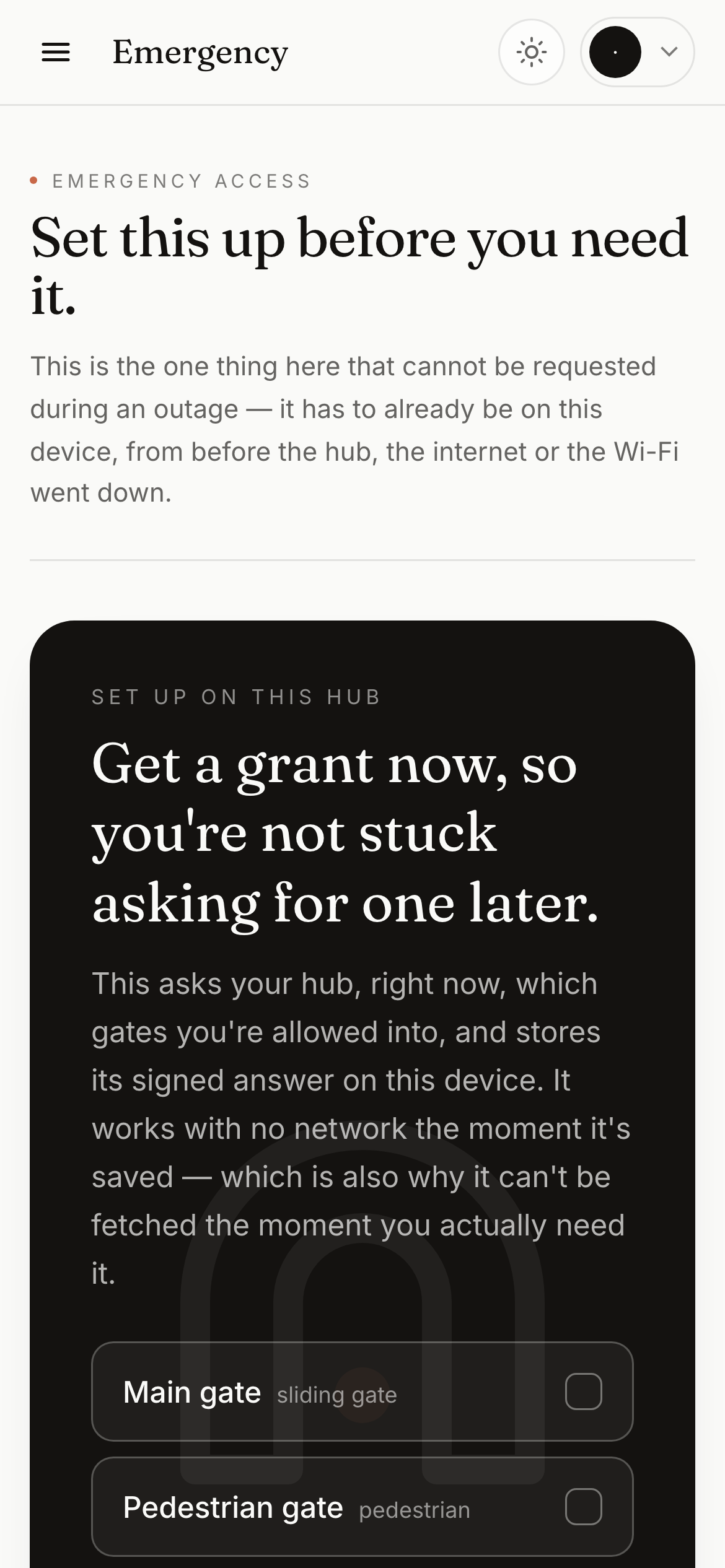 The Emergency access screen in the Aql app, headed Set this up before you need it, warning that a plain browser tab cannot present a pass at the gate, and offering to fetch one now.