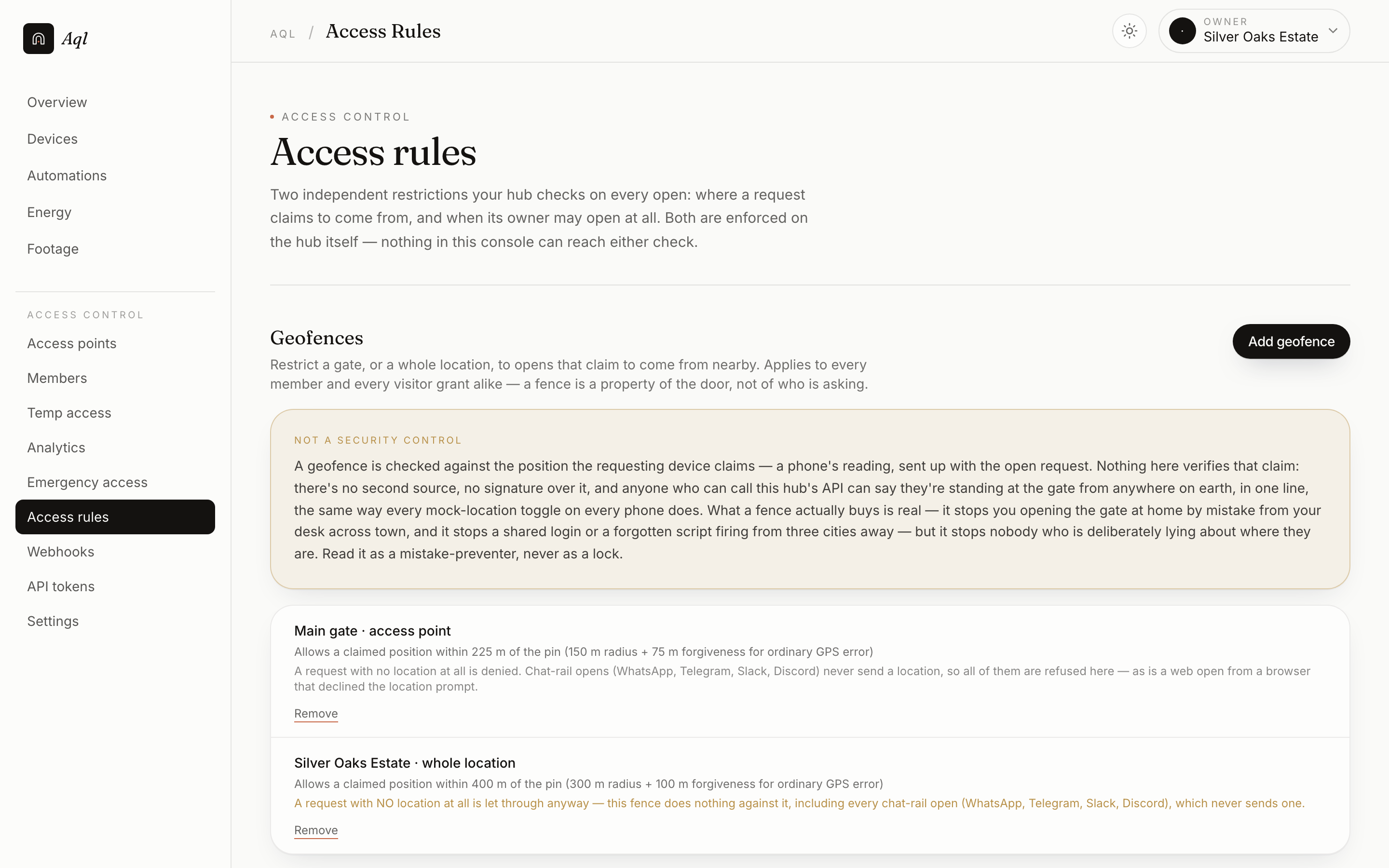 The Access rules page: geofence rules with a radius and what happens when a request carries no location, alongside weekly time windows.