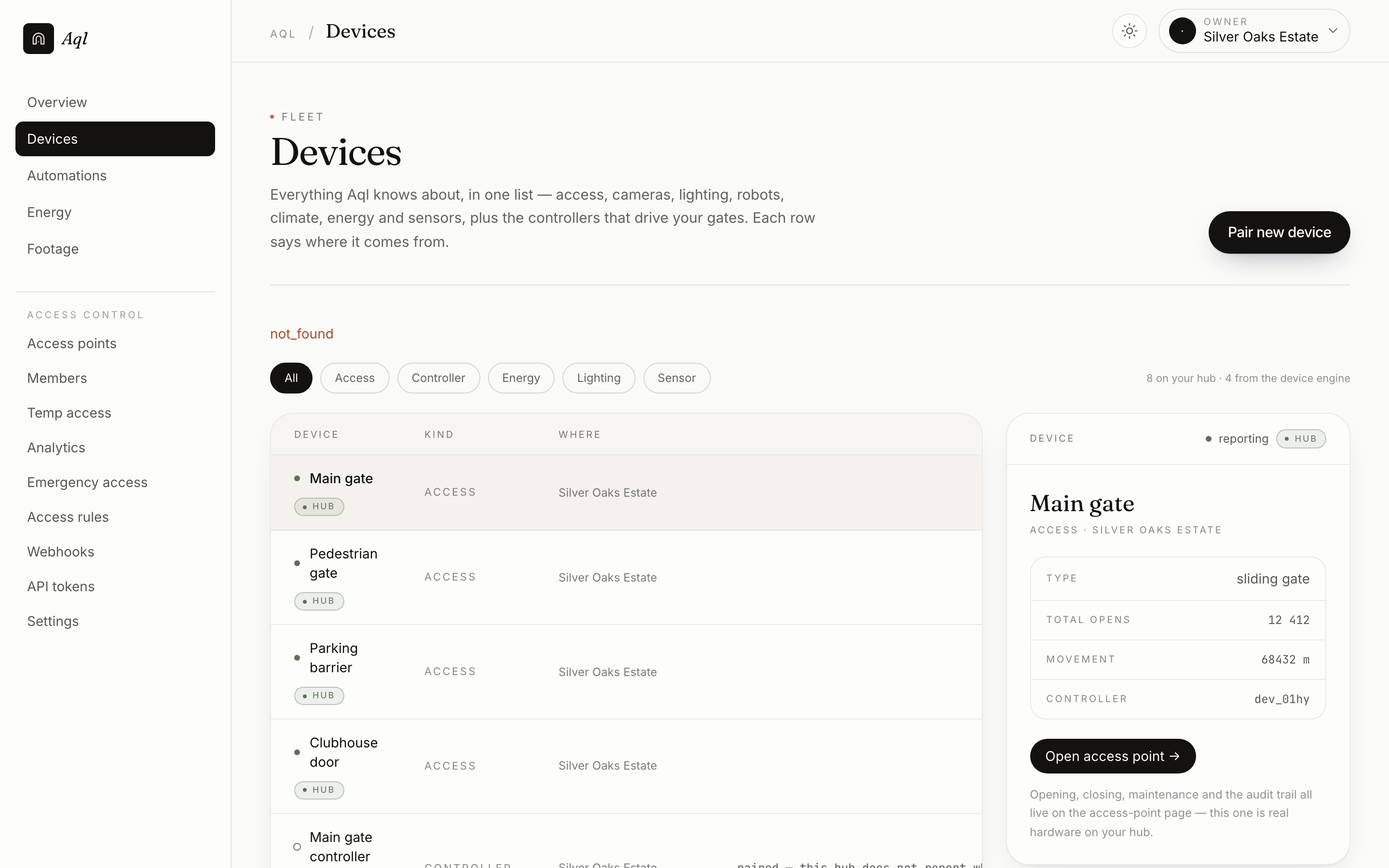 The Devices page: one filterable list of gates, doors, controllers, meters and lights, with a detail panel for the selected gate.