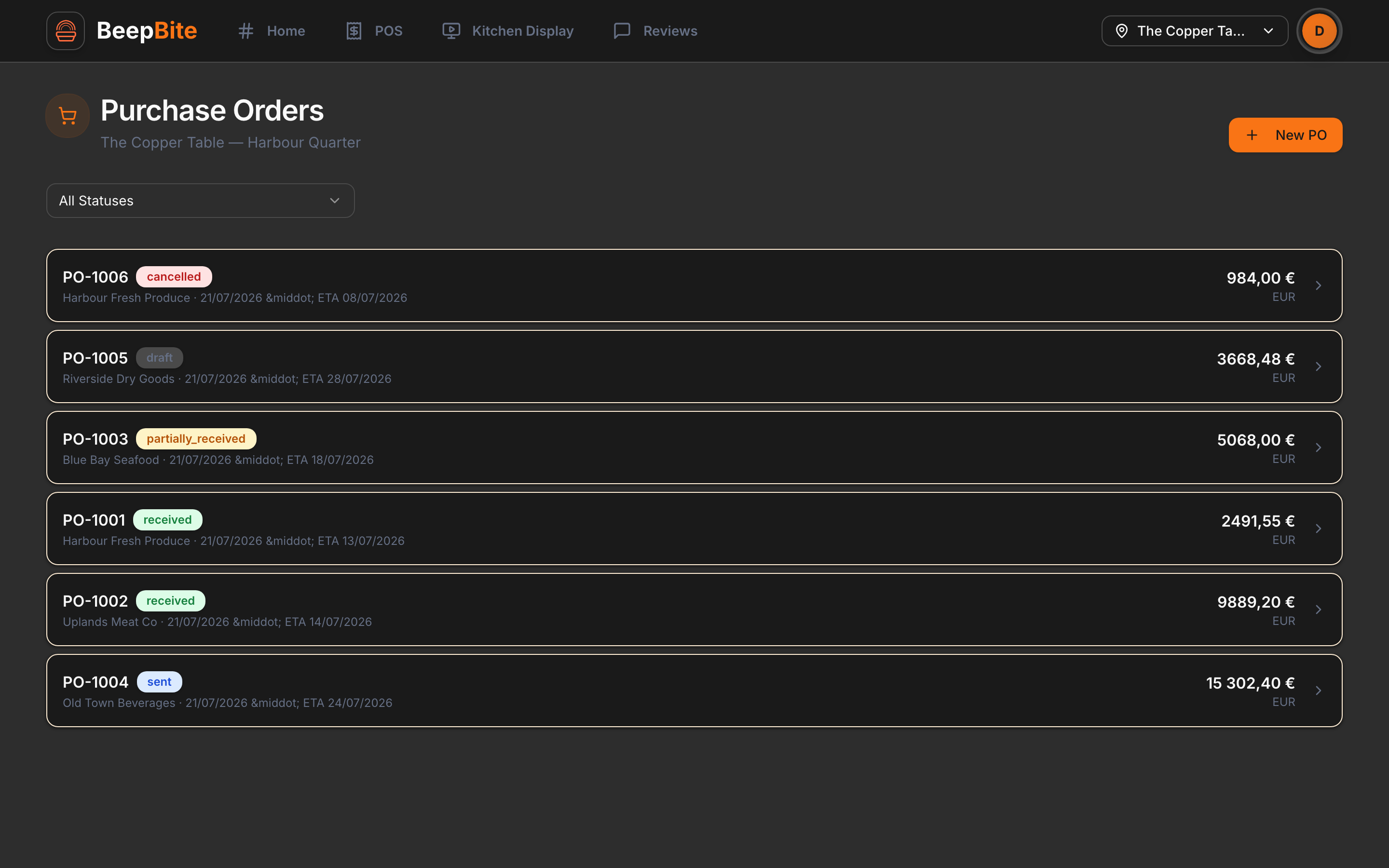 The BeepBite purchase-orders screen: a list of supplier orders with statuses, totals and receipt state.