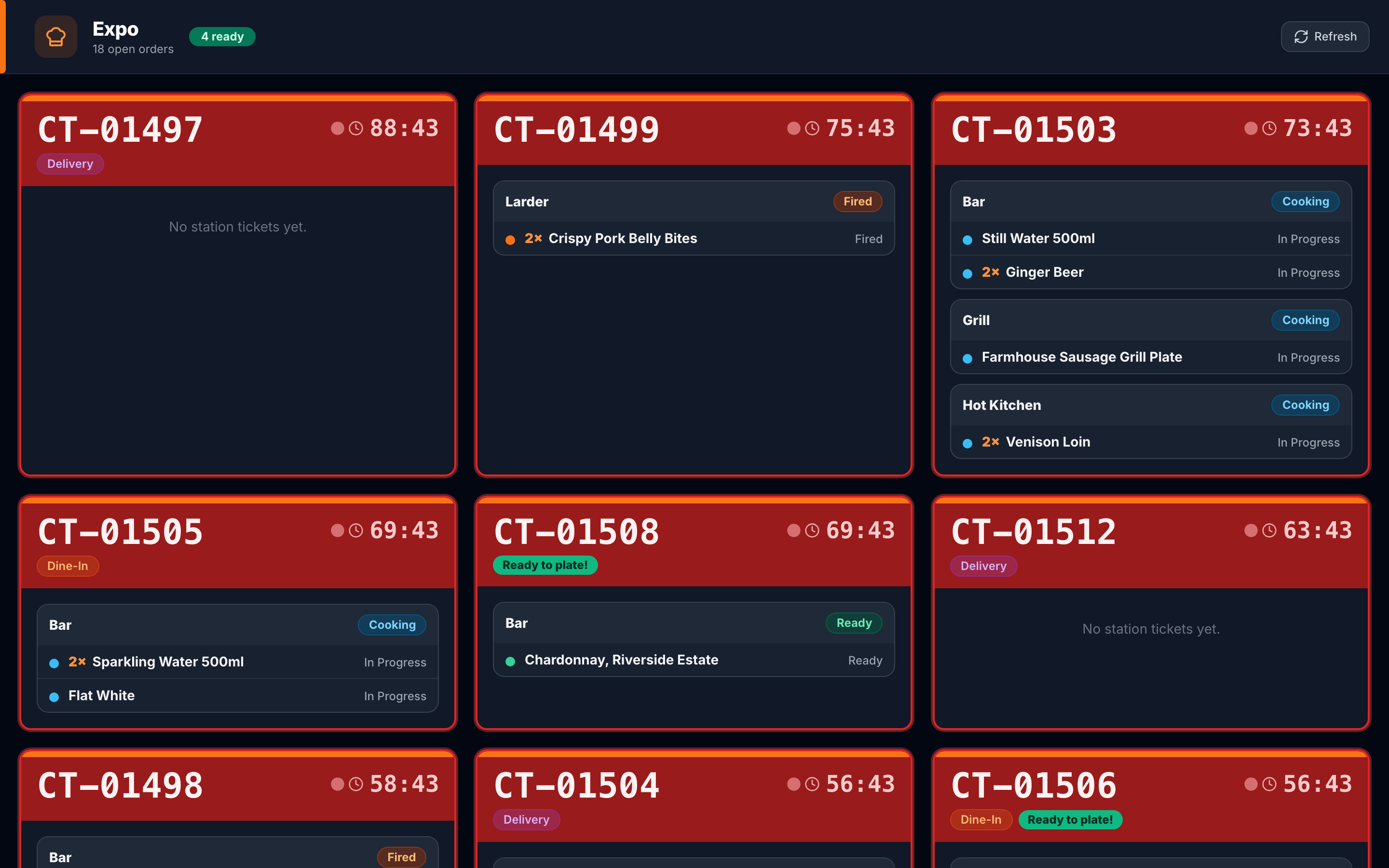 The BeepBite kitchen display in expo mode: a grid of order tickets with station breakdowns, per-ticket timers and ready-to-plate badges.