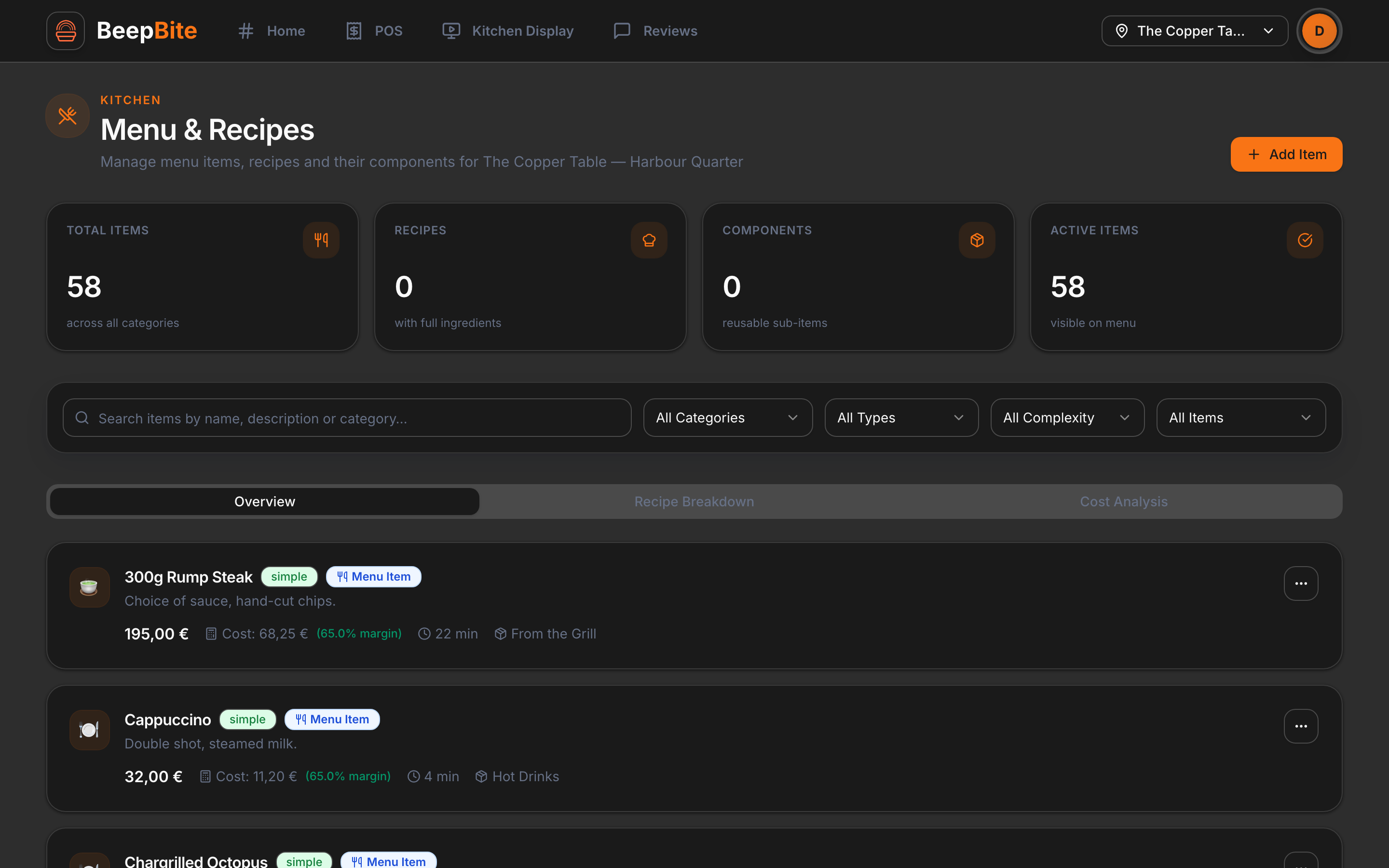 The BeepBite menu manager: categories, items, prices and availability, edited in one place for every channel.