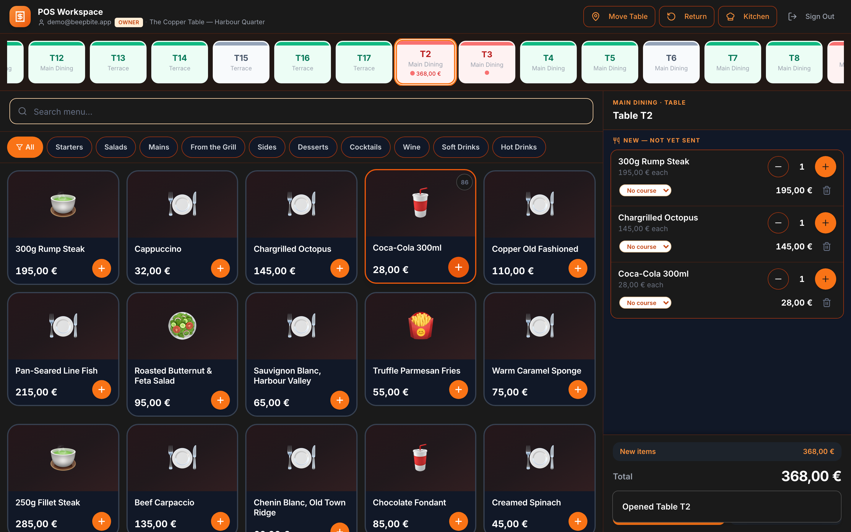 The BeepBite POS workspace: a table strip across the top, a searchable menu grid, and the open ticket for table T2 with three items and a running total.