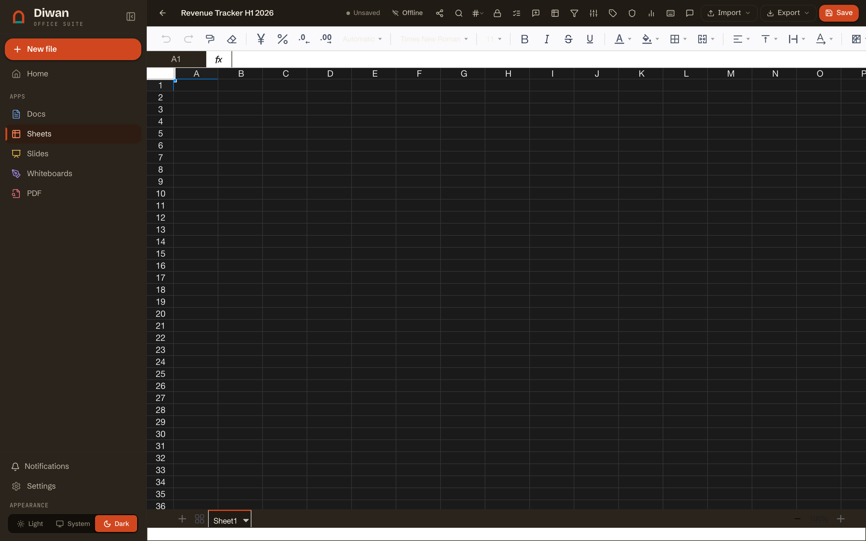 The Diwan spreadsheet editor in the warm dark theme.