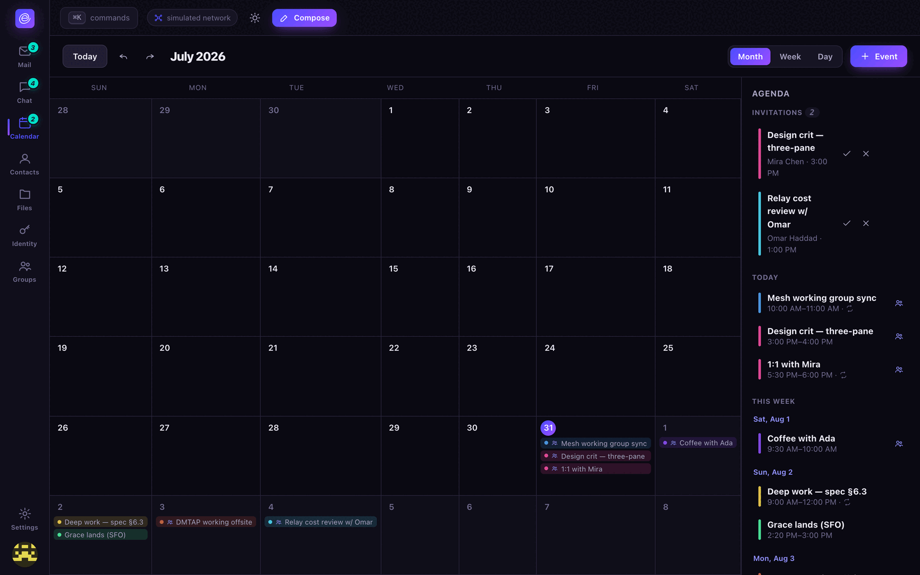 Envoir calendar month view for July 2026 with color-coded events and an agenda sidebar showing invitations and today's schedule.
