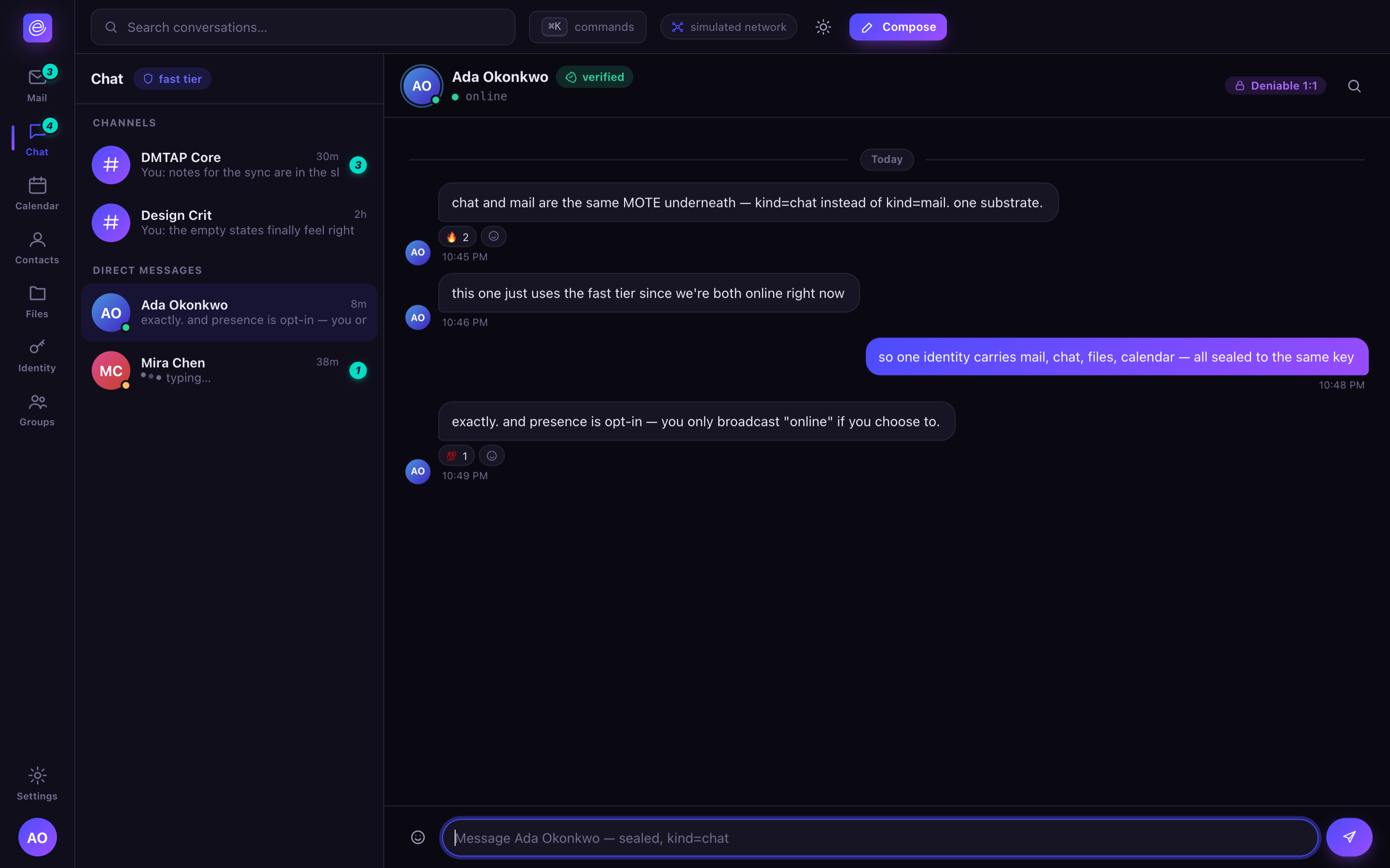 Envoir chat — a direct message thread with a verified badge and a Deniable 1:1 protocol indicator in the header.