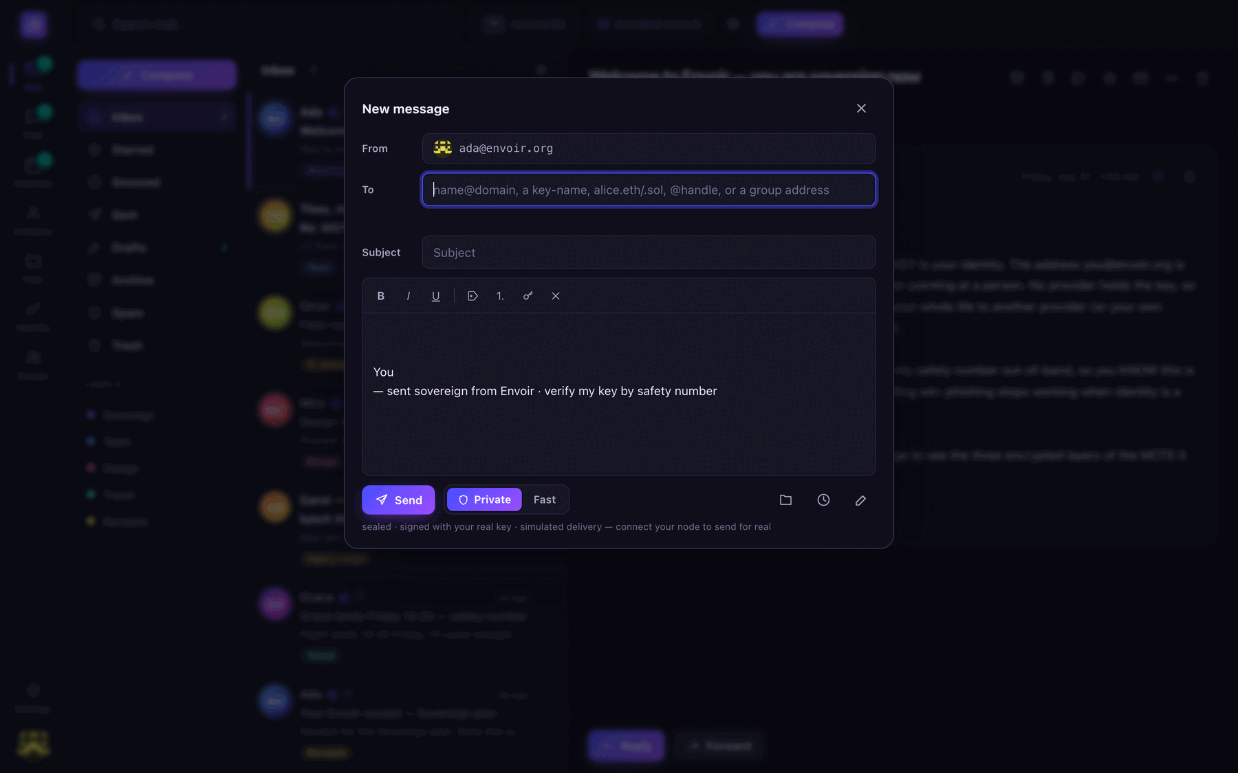 Envoir compose window: To field accepting a name@domain, a key-name, an ENS/SNS name, an @handle, or a group address, with a Private/Fast tier switch set to Private.
