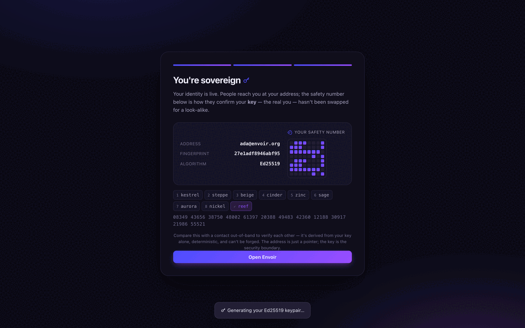 Onboarding: You're sovereign screen showing the new address ada@envoir.org, its fingerprint, algorithm Ed25519, and a scannable safety-number grid with word-coded verification.