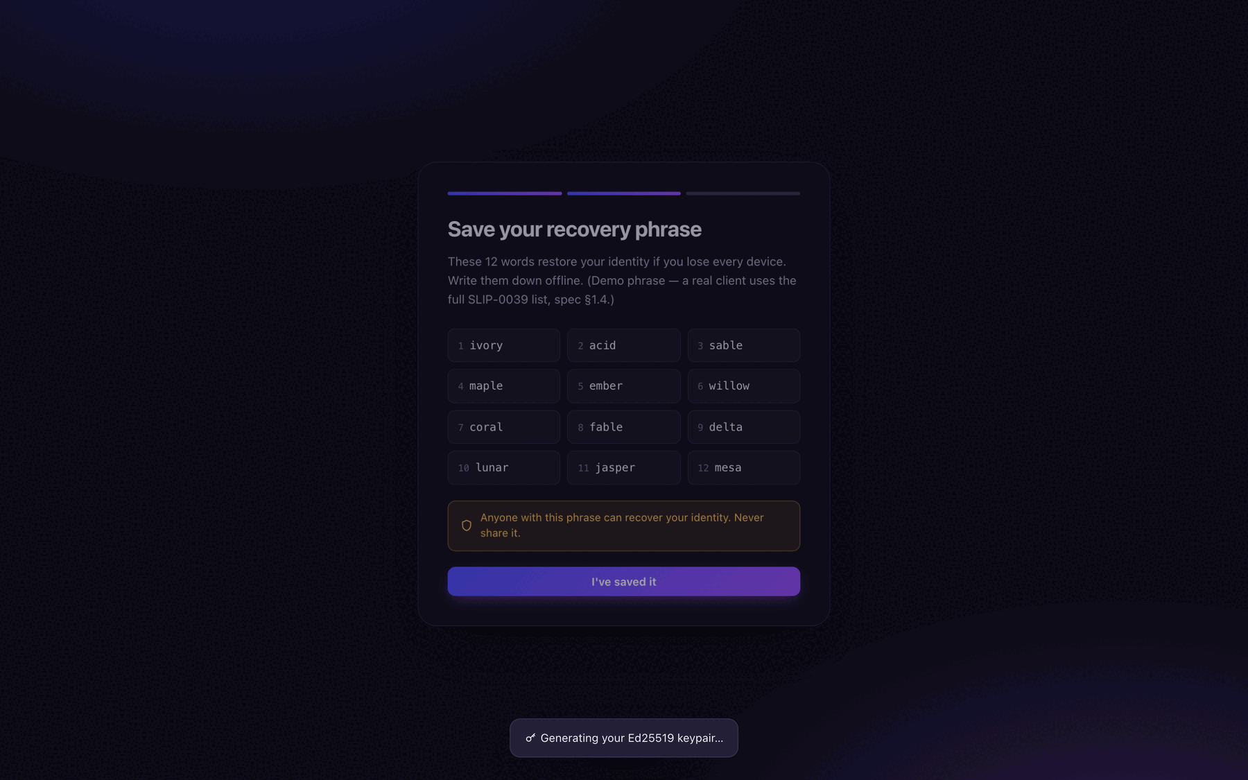 Onboarding: Save your recovery phrase screen showing a 12-word demo phrase and a warning that anyone with the phrase can recover the identity.