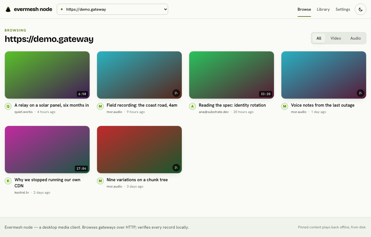 Desktop client Browse view: the same mixed video and audio grid, with a gateway picker and an All, Video, Audio filter.