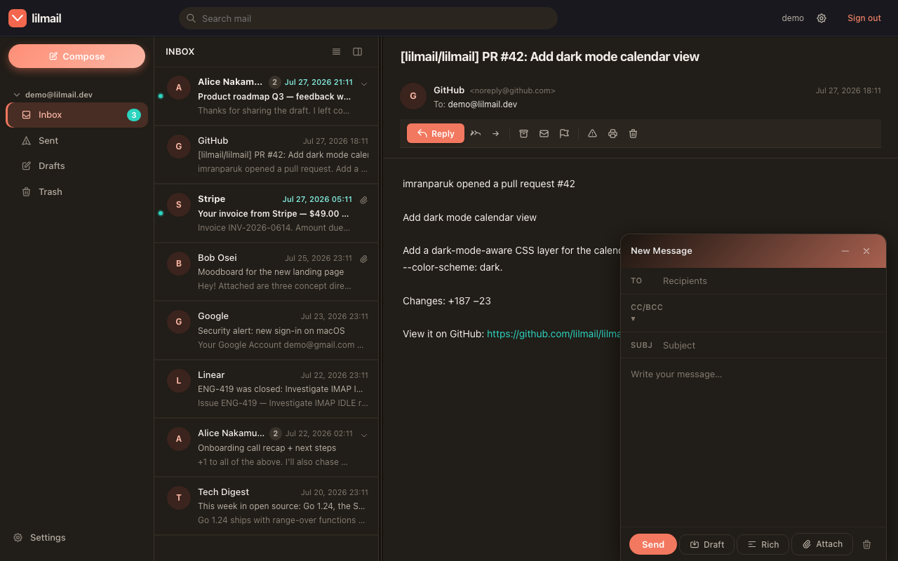 The lilmail compose window in dark mode