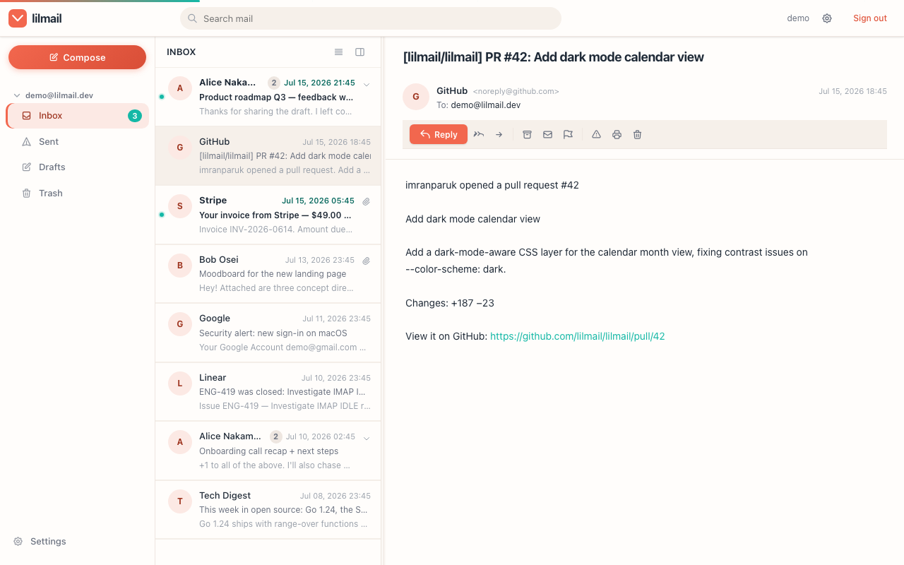 lilmail with a message open in the three-pane reading view