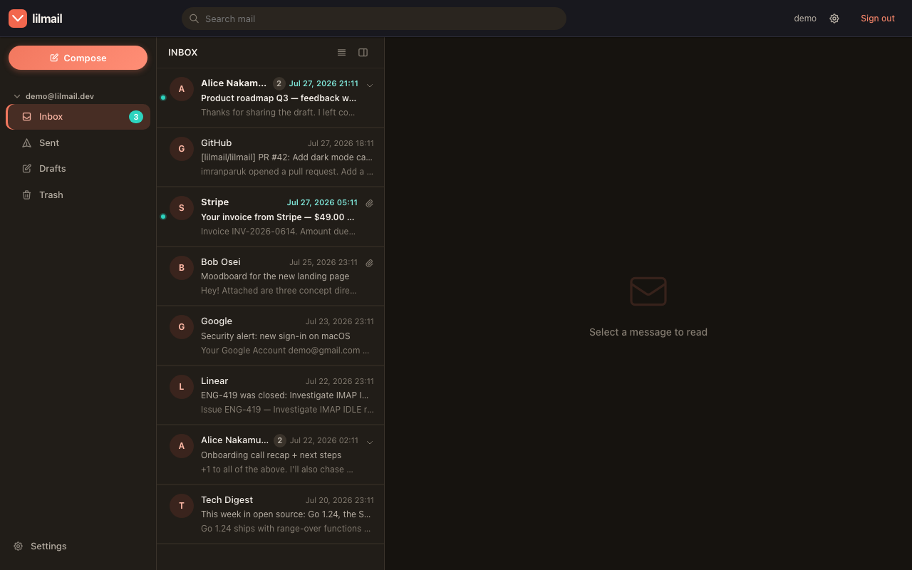 The lilmail inbox in dark mode