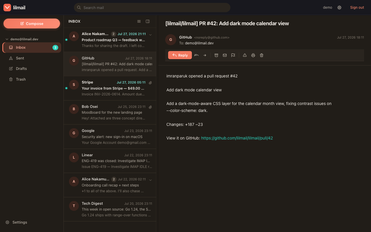 A message open in lilmail, dark mode