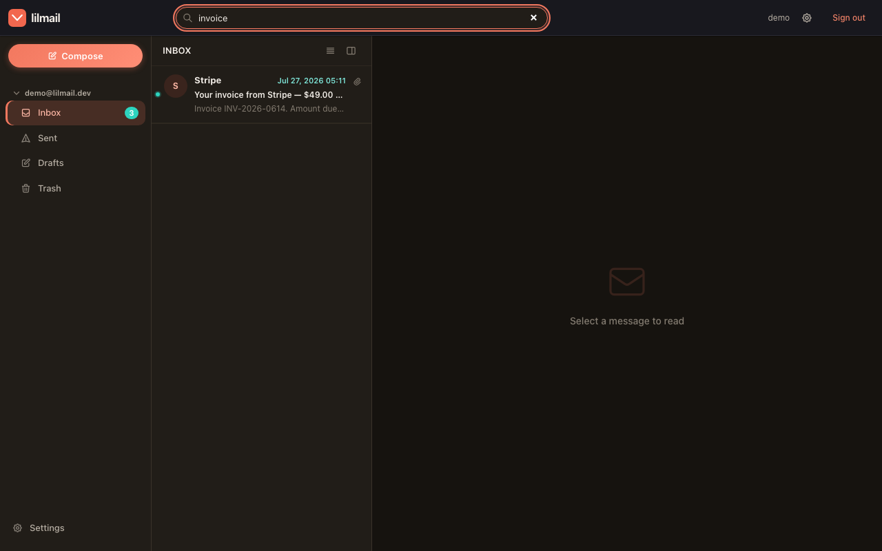 Search results in lilmail, dark mode