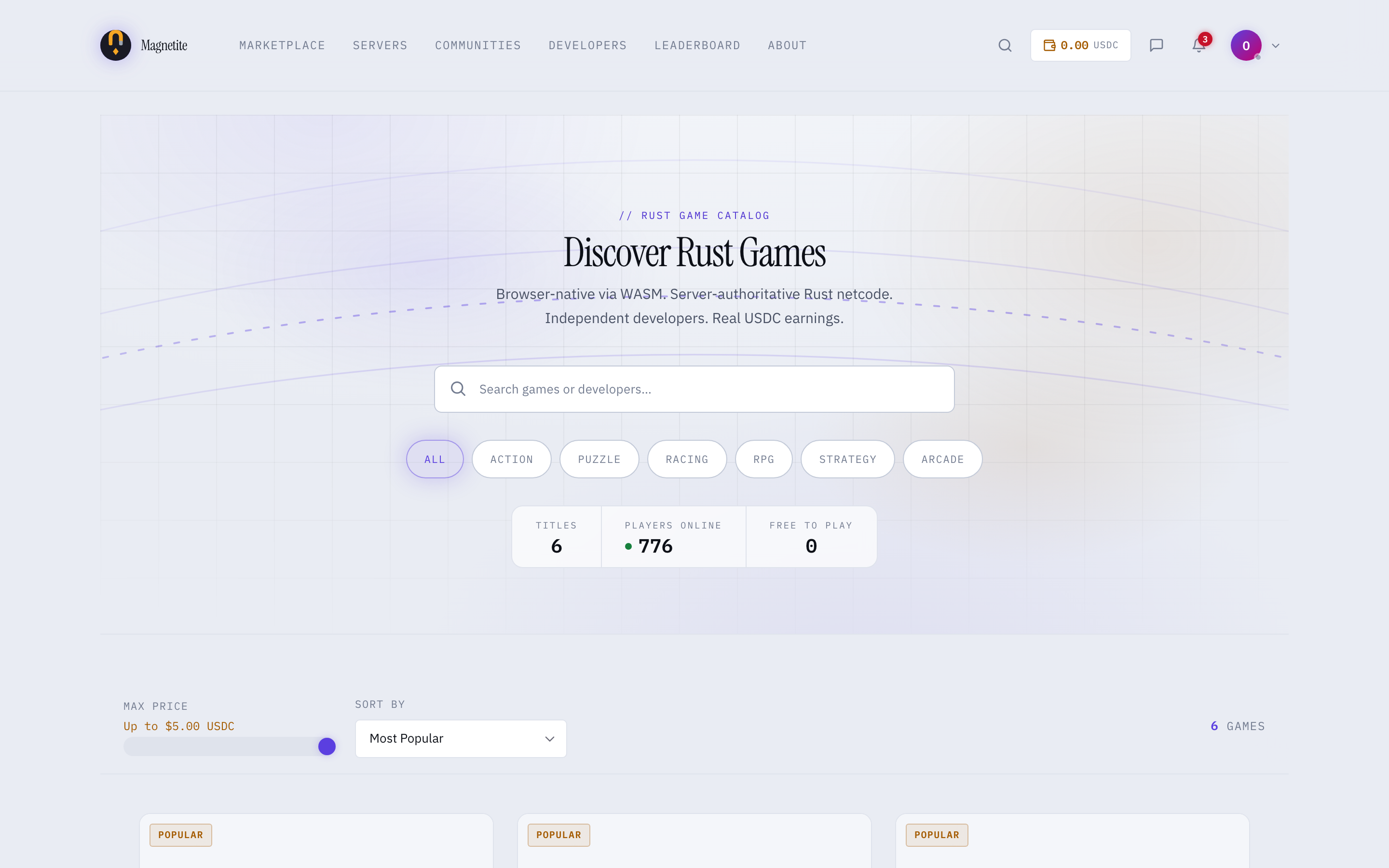 The magnetite marketplace listing six Rust games in the reference client, browser-native via WASM