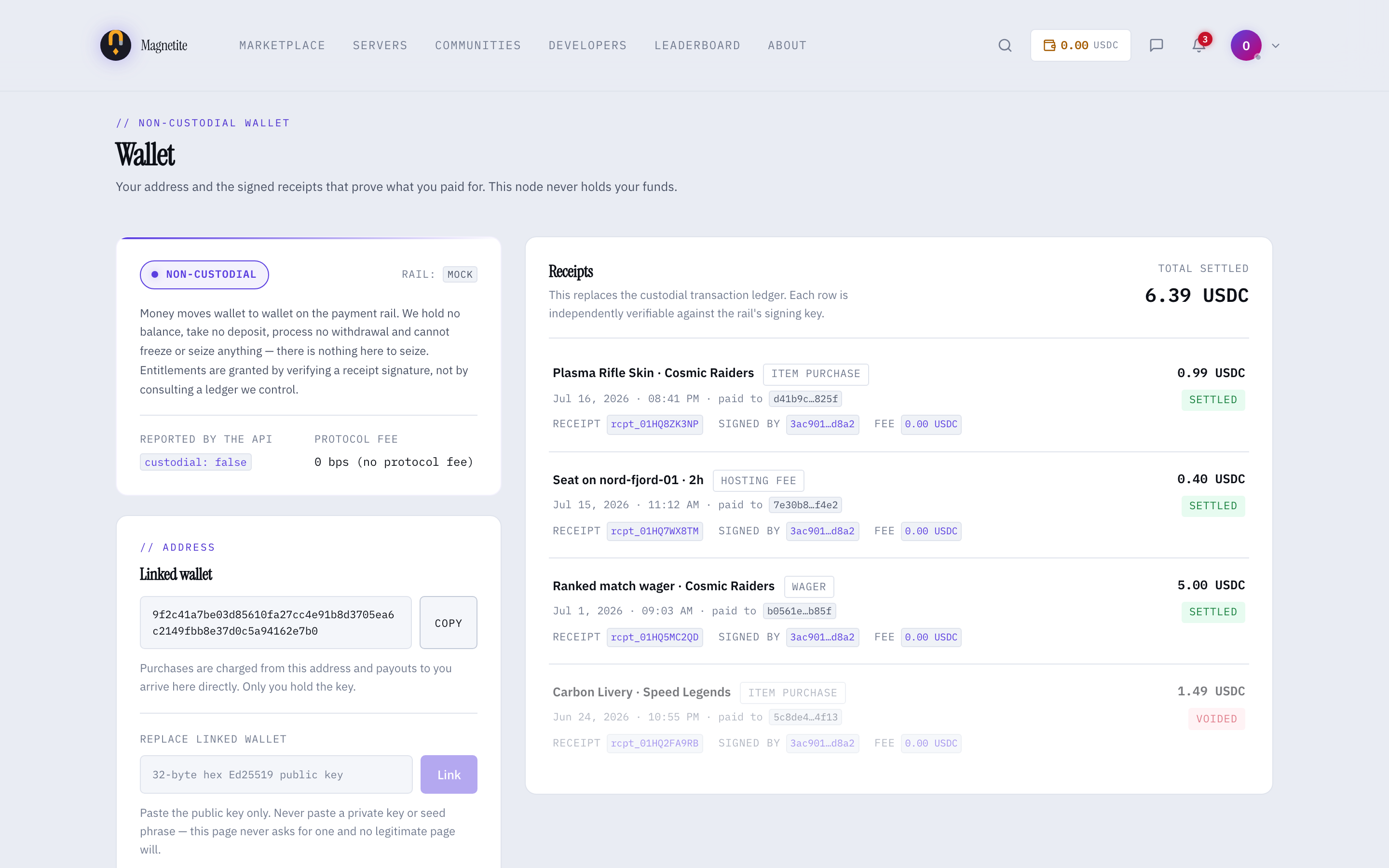 magnetite wallet screen listing signed, independently verifiable receipts, marked non-custodial with the payment rail set to mock