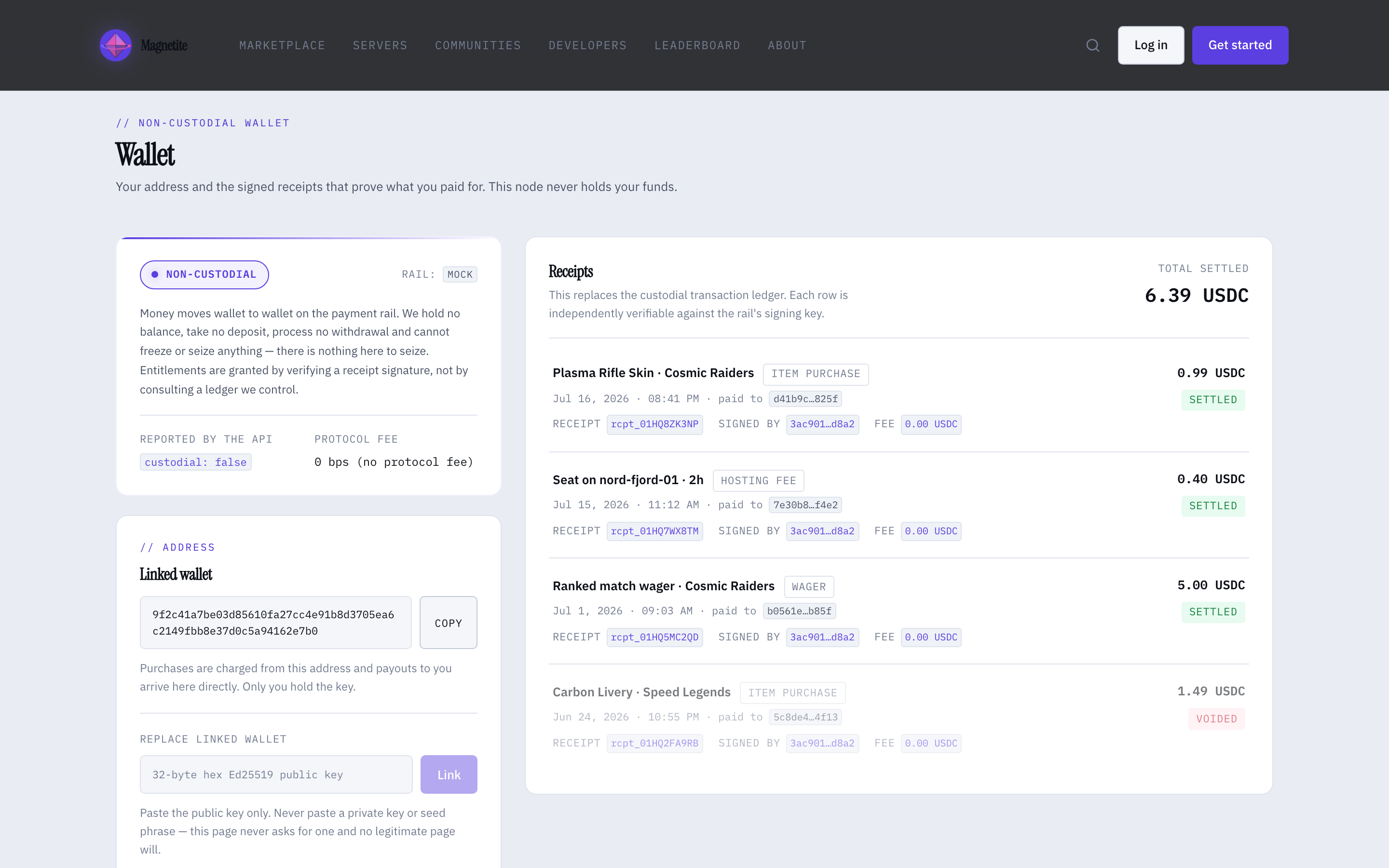magnetite wallet screen showing a linked address and a list of signed, independently verifiable receipts, labelled non-custodial with rail set to mock