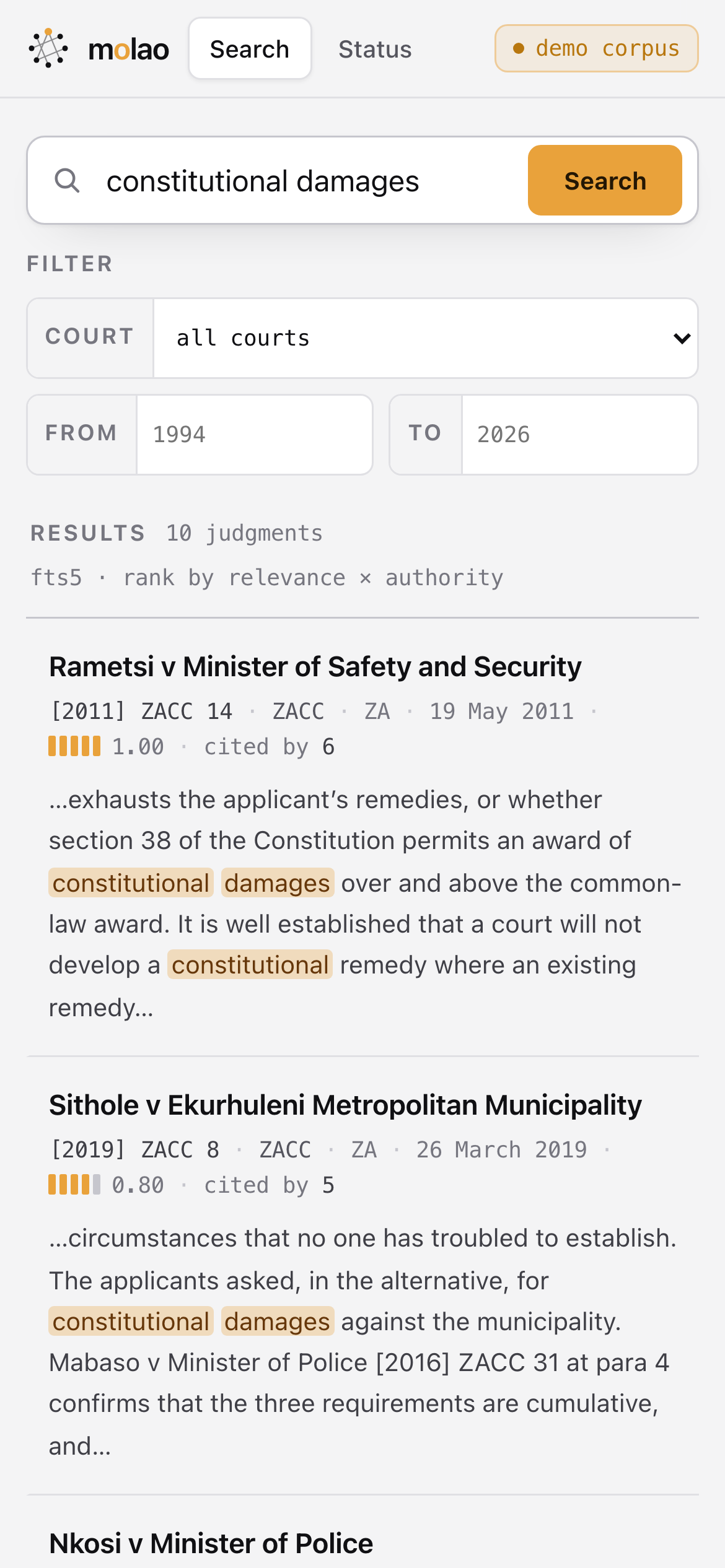 Molao search results on a phone.
