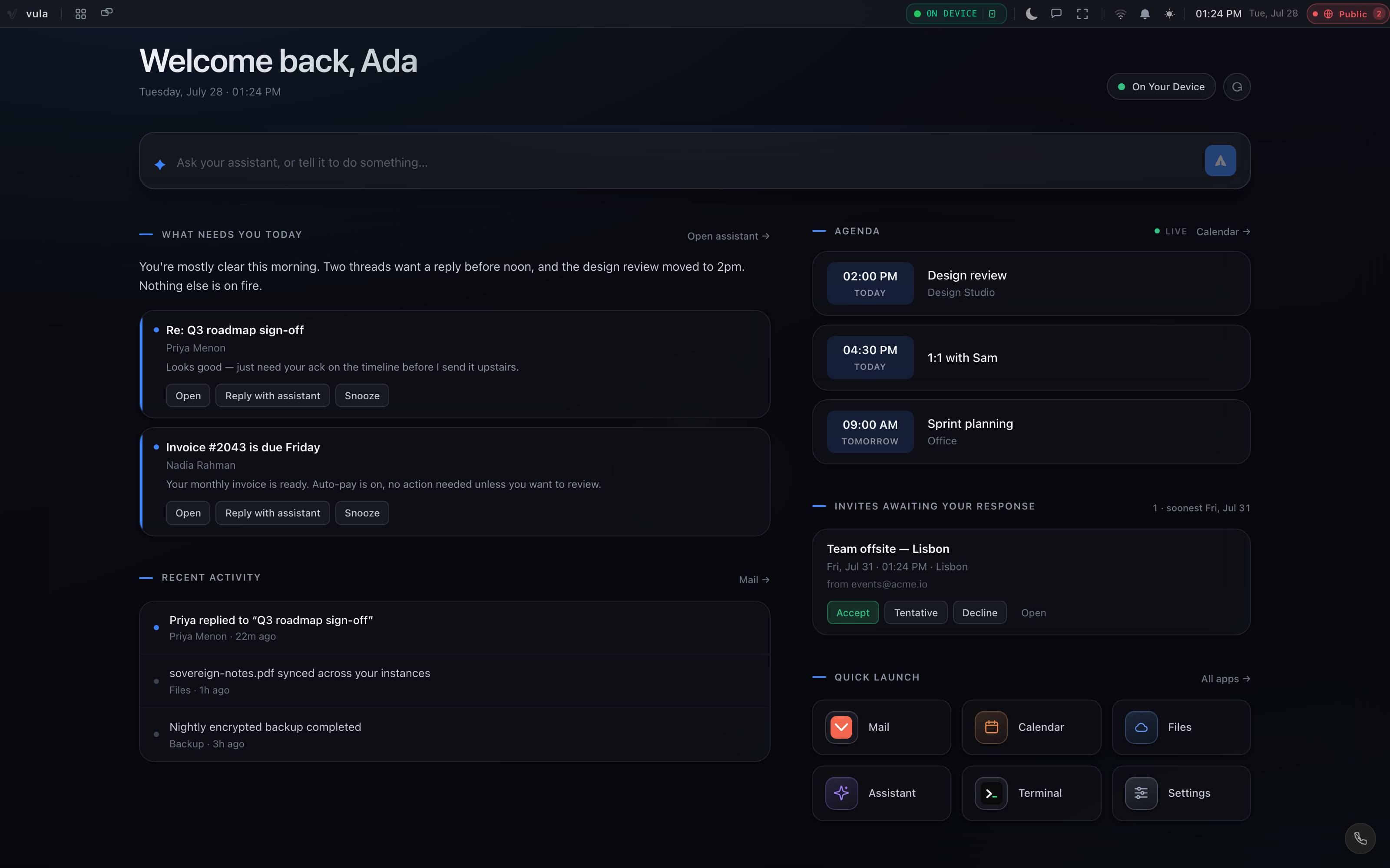 Vulos OS home — a personal briefing, an assistant composer, a live agenda and pending invites in a web-native desktop