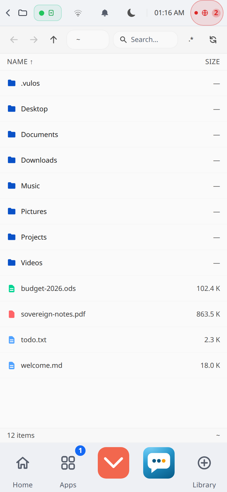 The Vulos desktop shell reached from a phone browser over mobile data