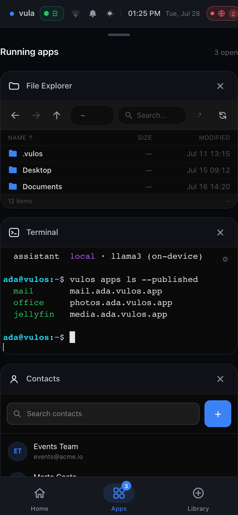 Vulos OS on a phone — the app switcher with several apps open at once