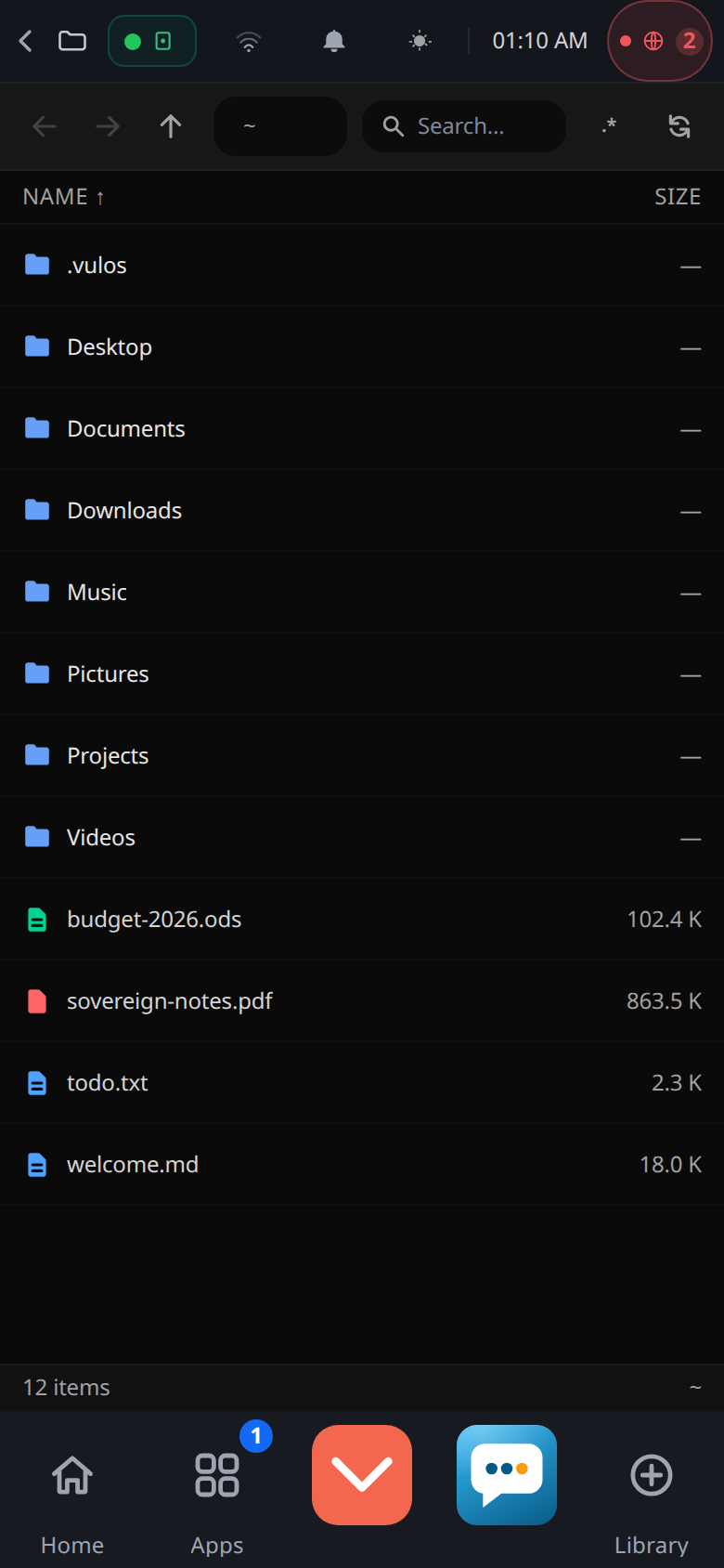 The Vulos desktop shell reached from a phone browser over mobile data