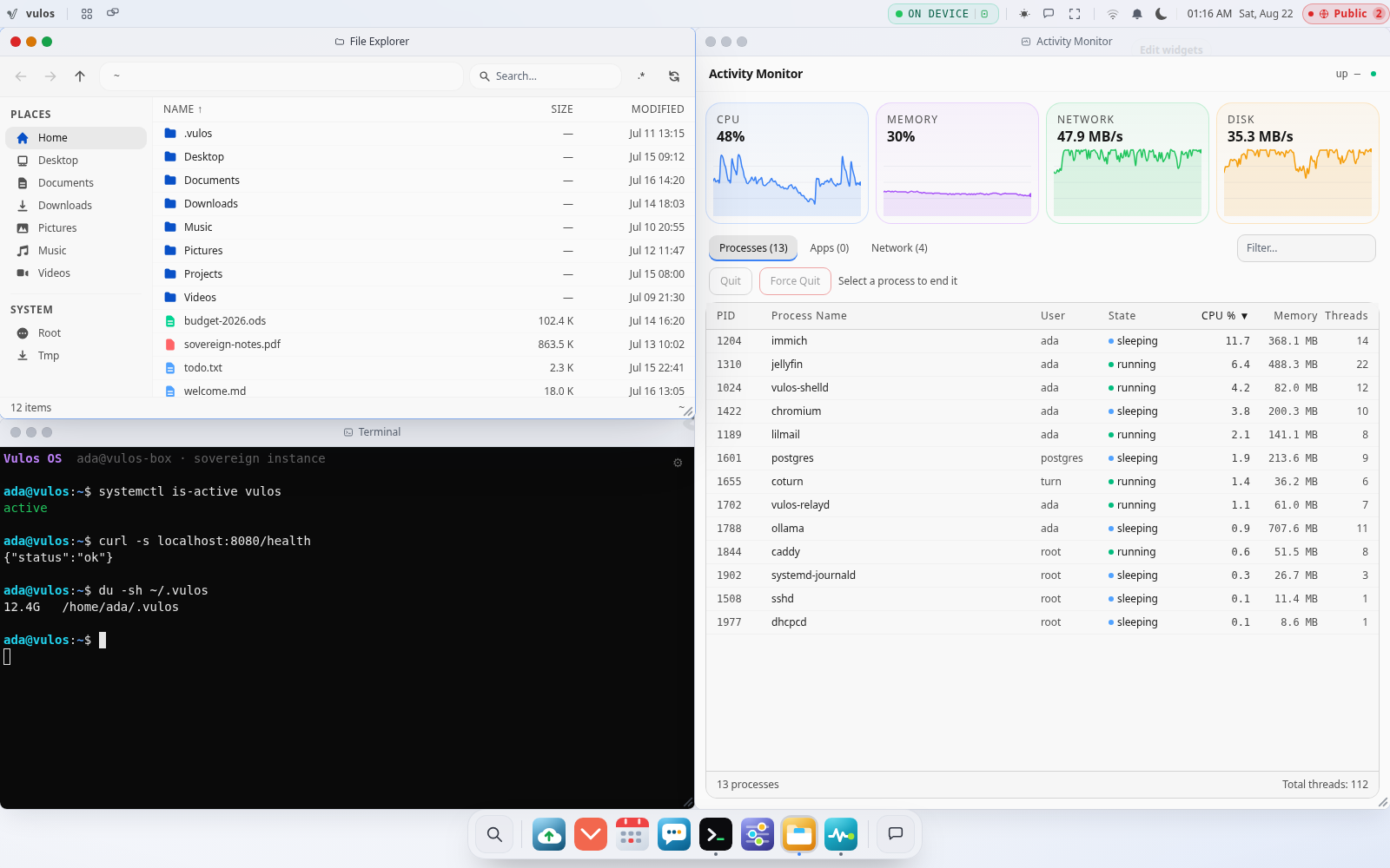 The Vulos desktop with three tiled windows — a file explorer, a terminal running vulos status, and an activity monitor