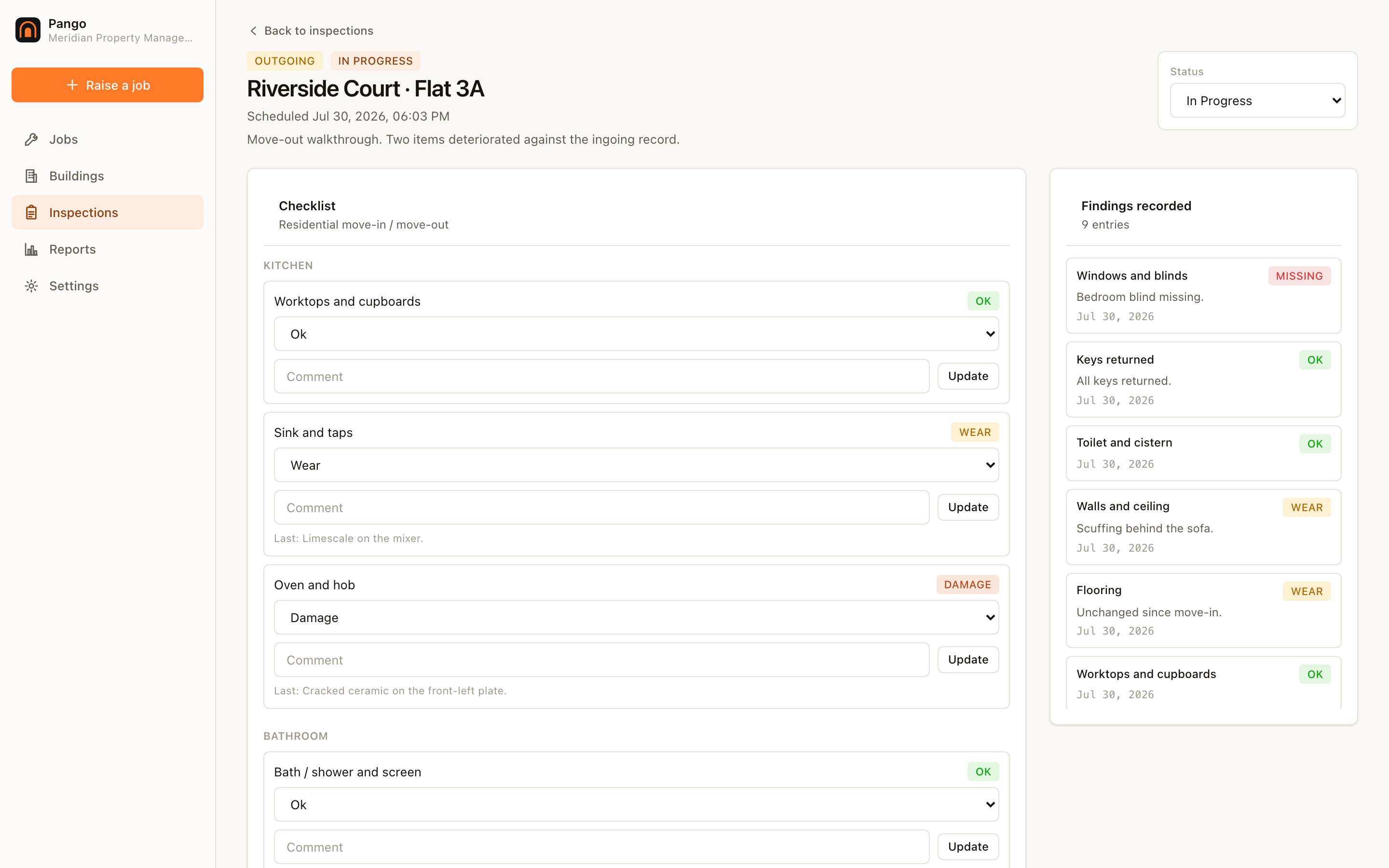 The move-out walkthrough in Pango, showing a condition scale per item with the ingoing record alongside.