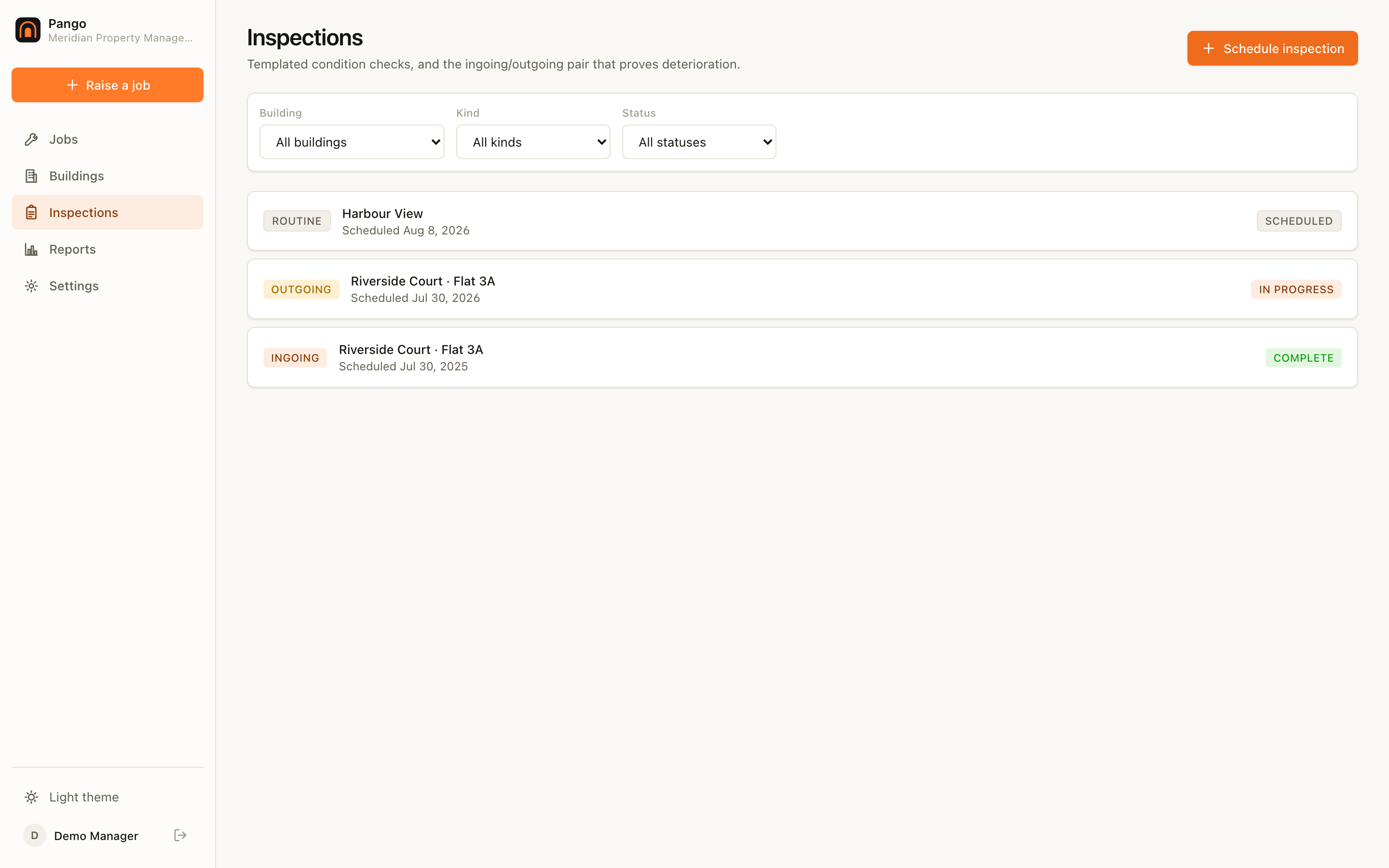The inspections list in Pango, showing ingoing and outgoing pairs per unit.