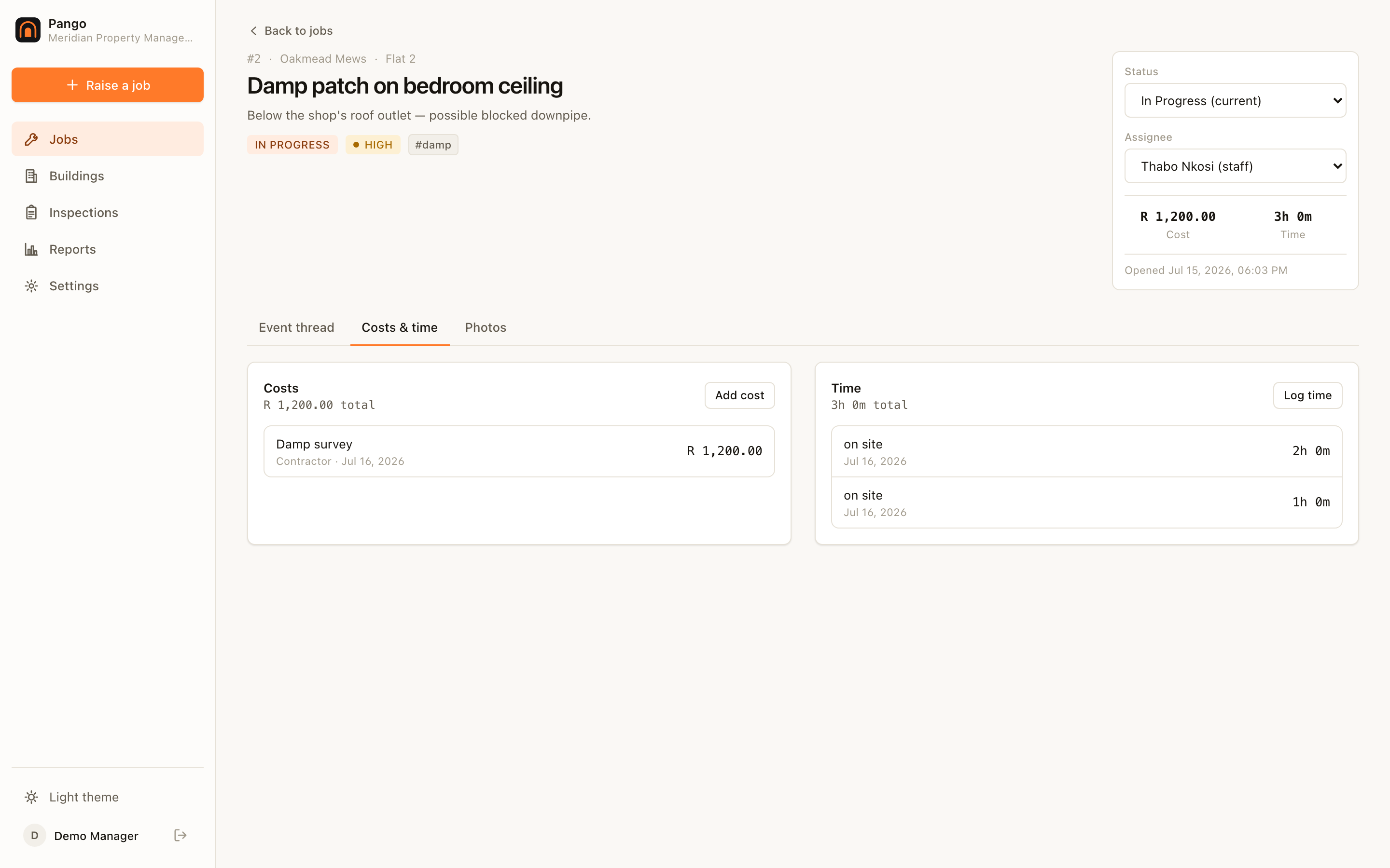 A job's append-only cost and time ledgers in Pango.