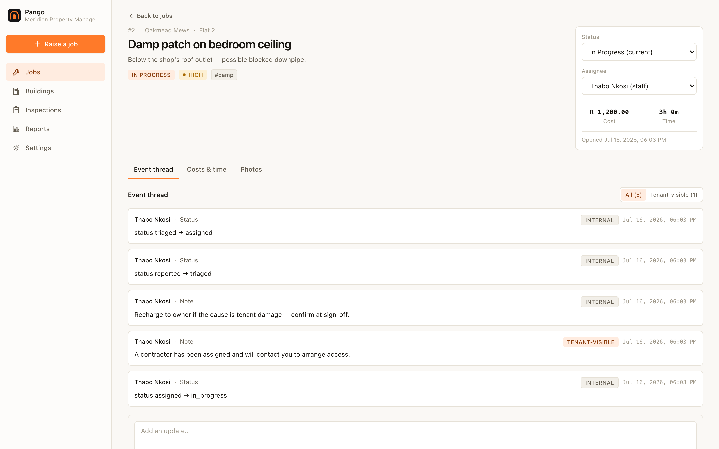 A job detail page in Pango with its cost ledger and event thread.