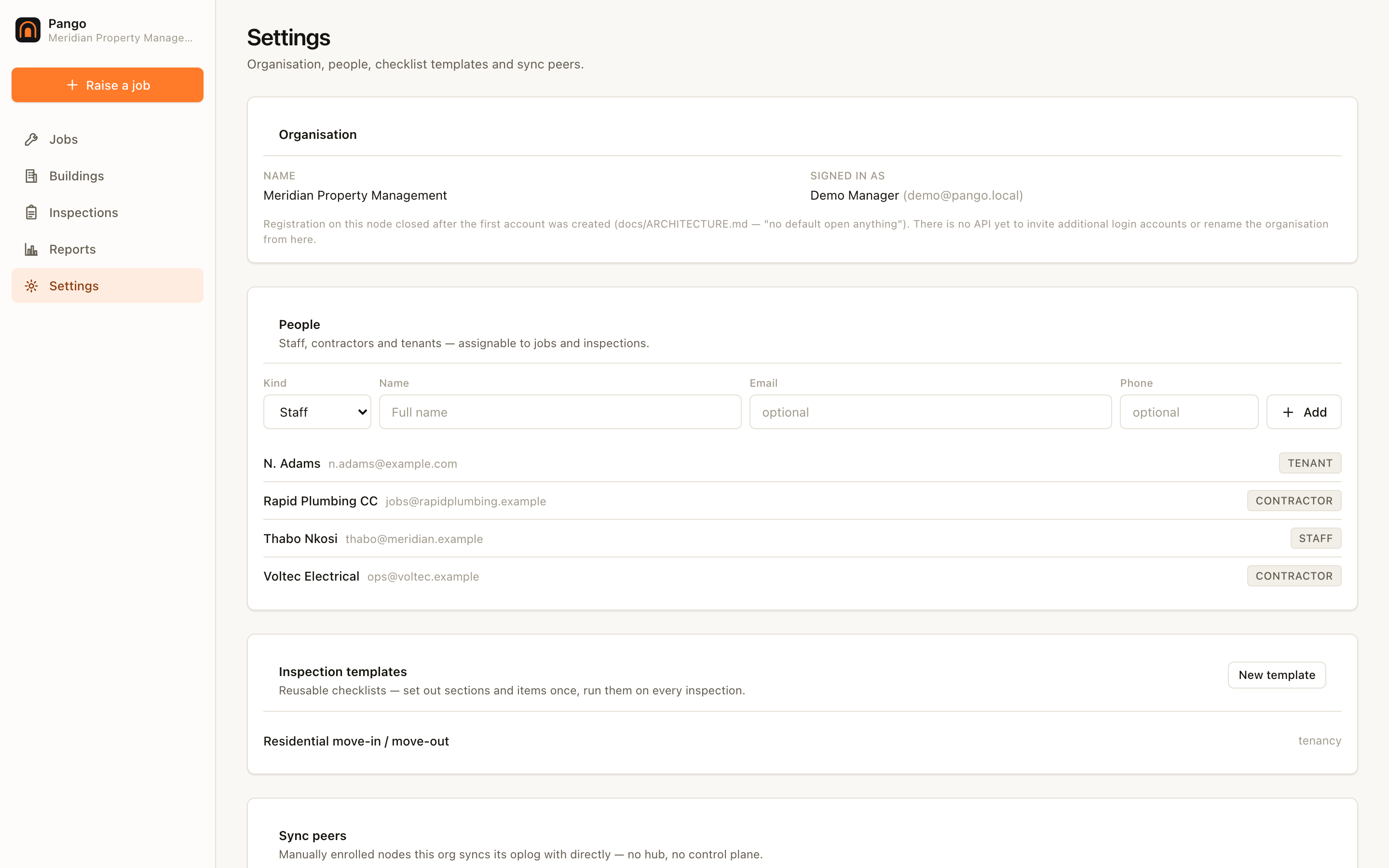 Settings in Pango — organisation, people, node identity and sync.