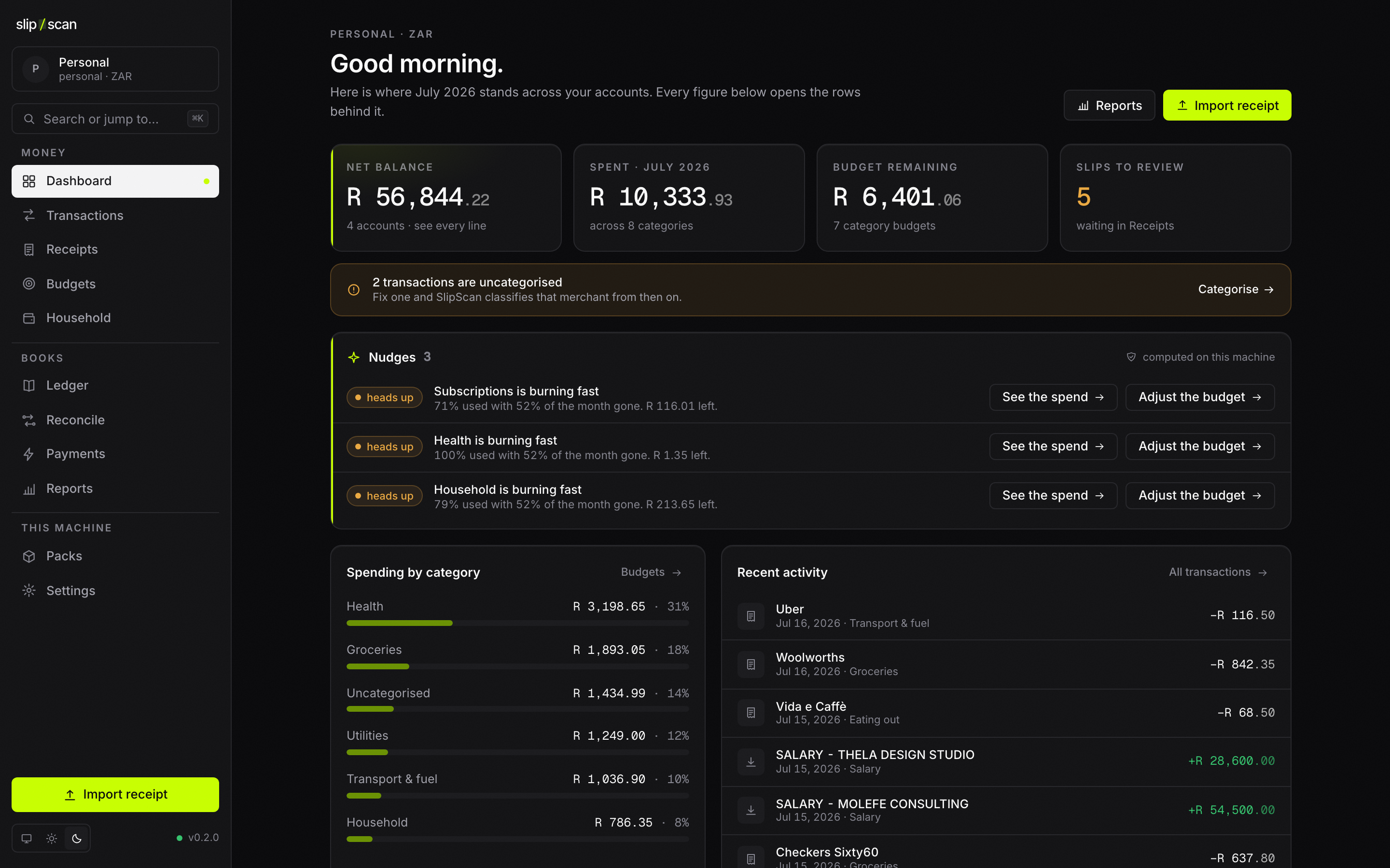 The shipped slip/scan desktop app on the Dashboard: net balance, spend this month, budget remaining, slips awaiting review, locally-computed nudges, and recent activity