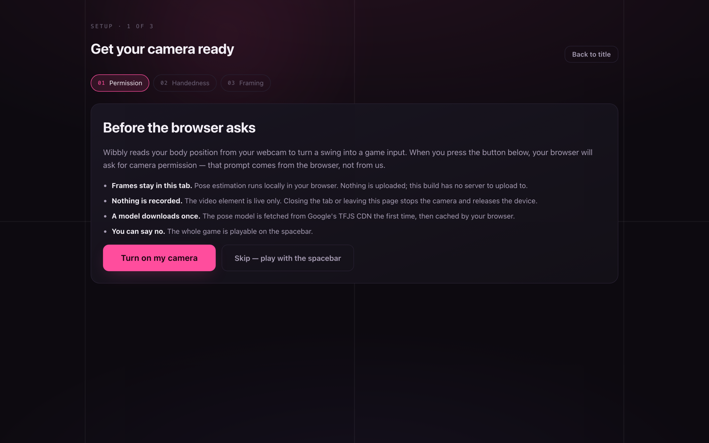 Setup step 1: wibbly explains what the camera is for, before the browser's own permission prompt appears.